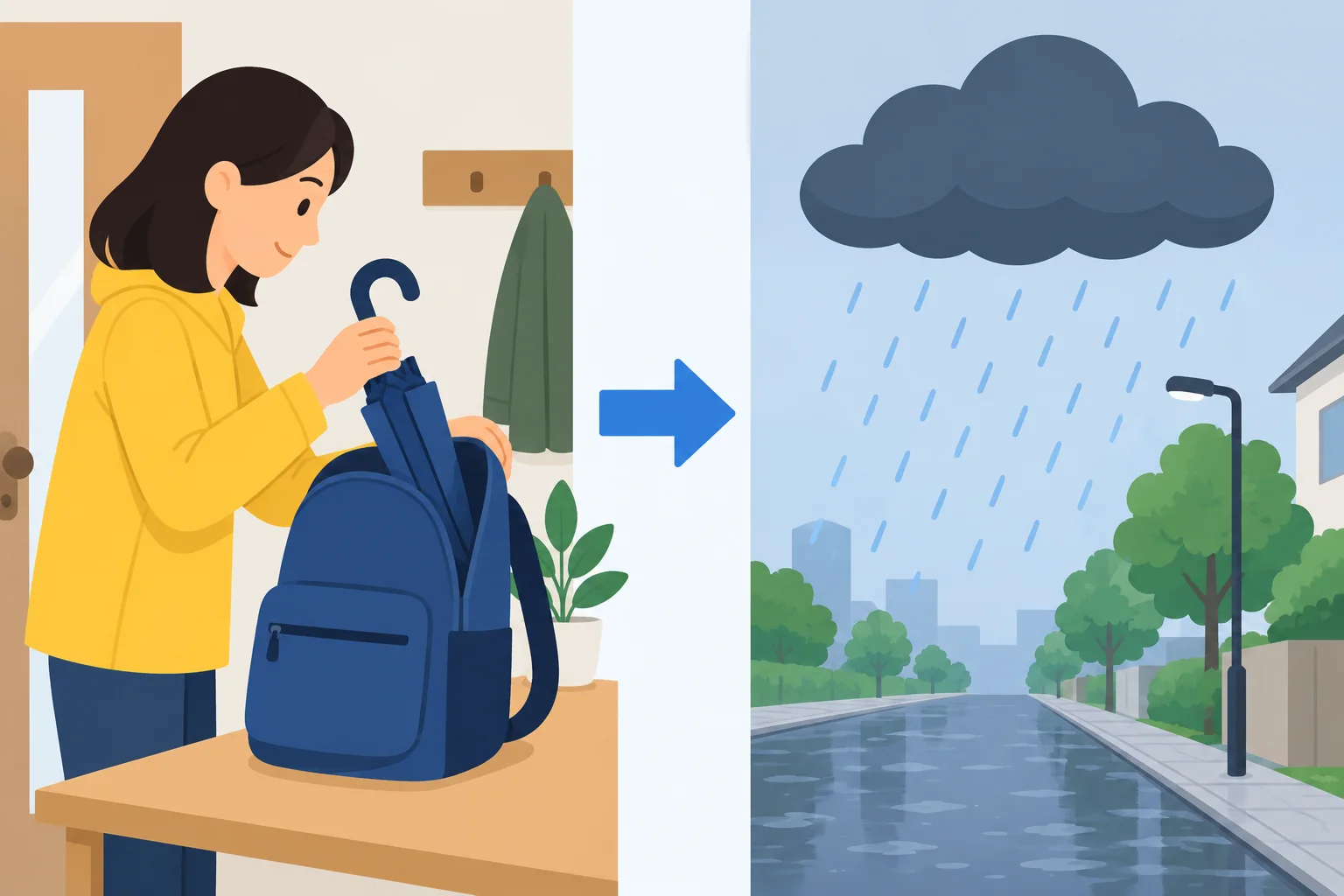 Sequência visual: um guarda-chuva é colocado em uma mochila antes de uma possível chuva mais tarde.