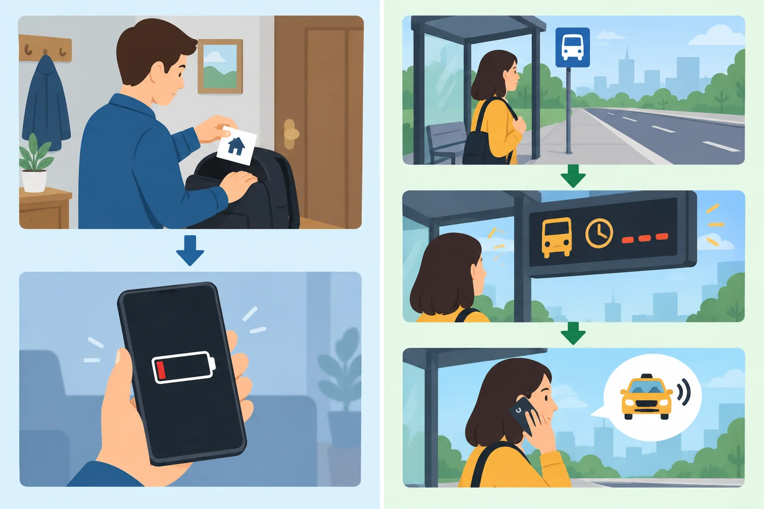 Duas linhas do tempo: à esquerda, uma pessoa guarda um endereço impresso antes de o celular ficar sem bateria; à direita, uma pessoa chama um táxi depois de perceber o atraso do ônibus.