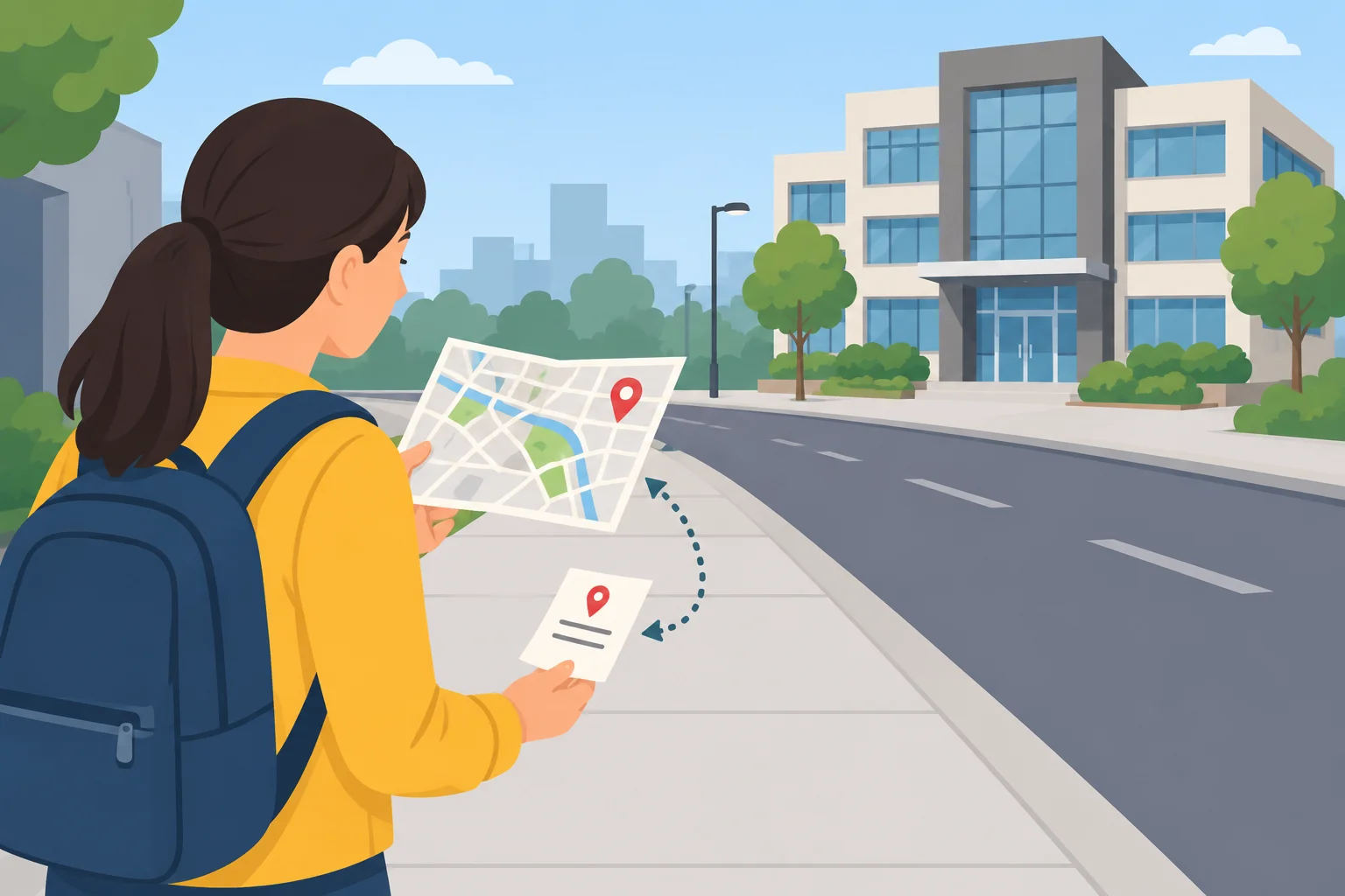 Pessoa a caminho de um prédio desconhecido, com uma anotação e um mapa simples para conferir o destino.