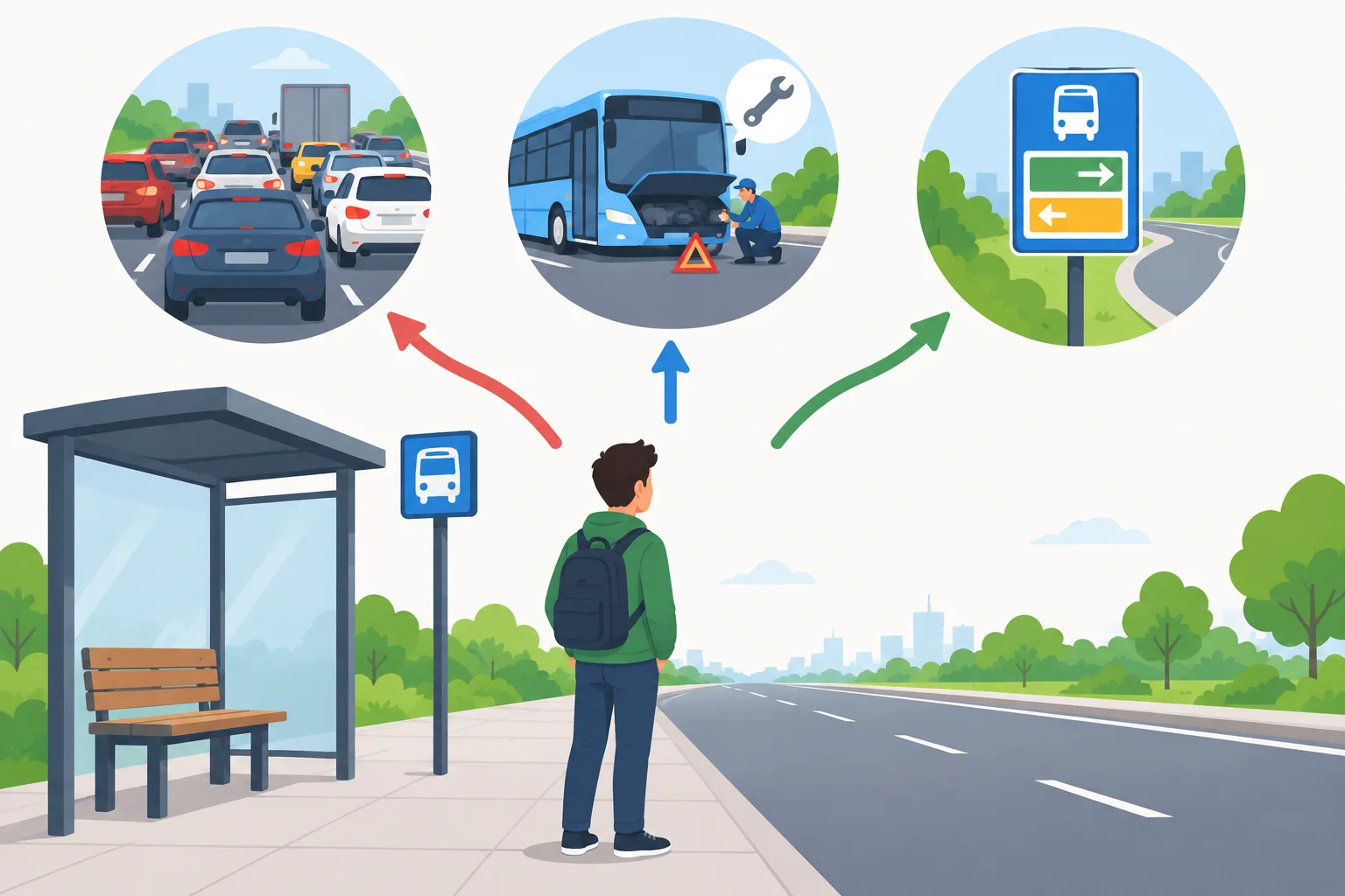 Pessoa espera no ponto enquanto três caminhos visuais mostram explicações alternativas para o atraso do ônibus.