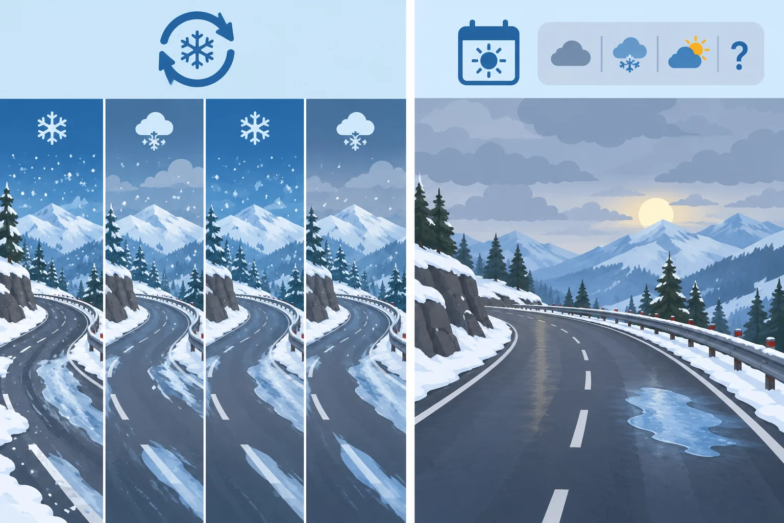 Comparação visual entre uma estrada que pode ficar com gelo em vários dias de inverno e a possibilidade de gelo em uma manhã específica.