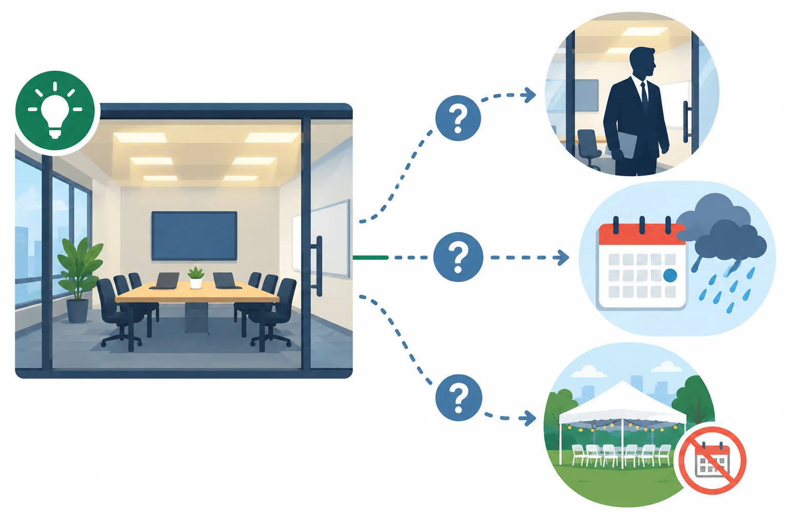 Diagrama de uma sala com luzes acesas e três caminhos pontilhados para explicações ou acontecimentos ainda incertos.
