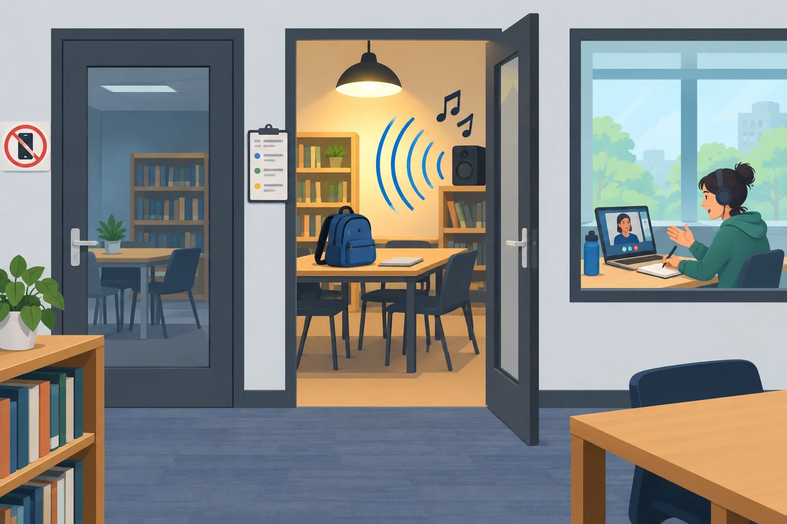 Ilustração de duas salas de estudo: uma tem música alta e outra mostra uma estudante em videochamada, além de uma mochila sobre a mesa.