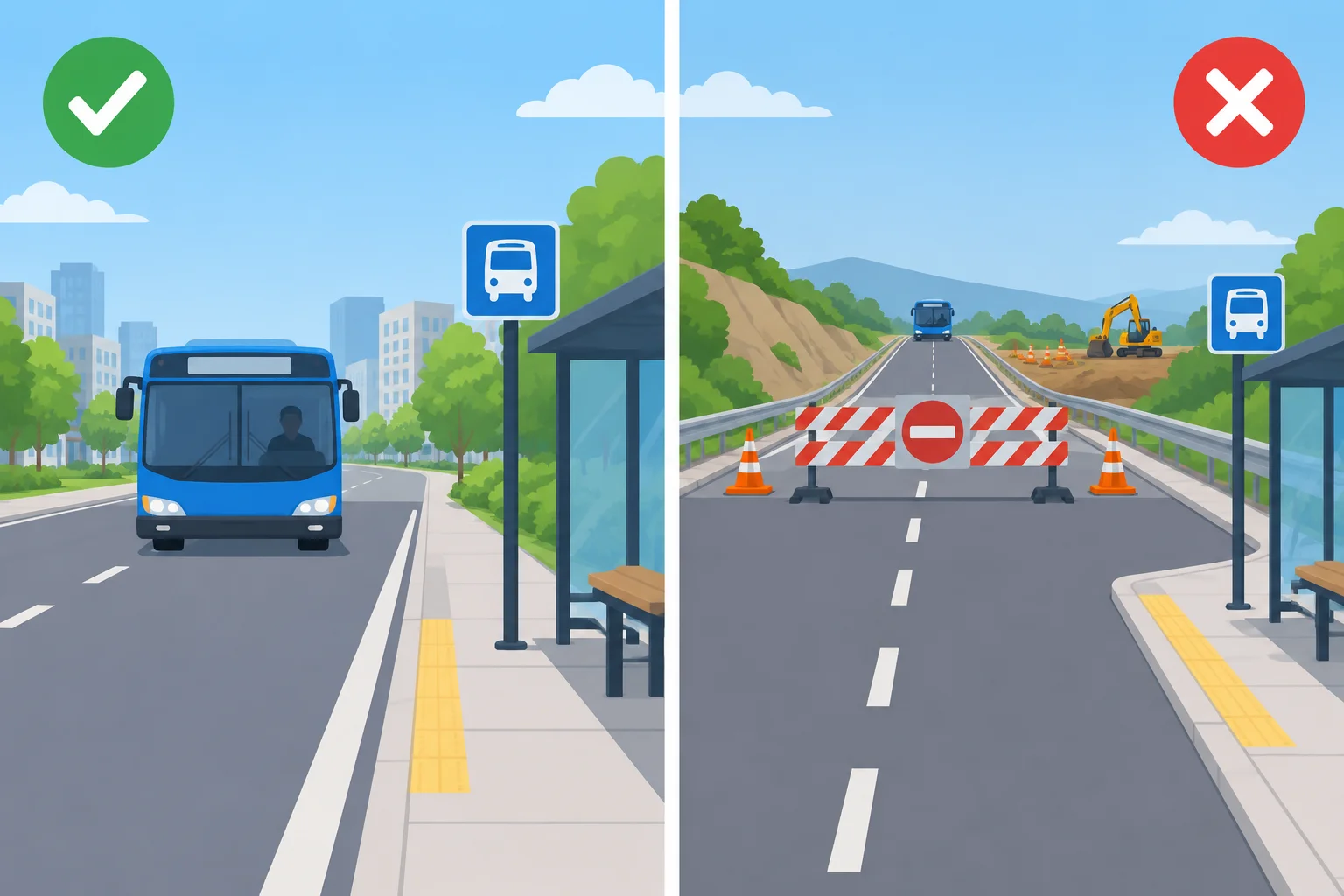 Comparação visual entre uma chegada provável e uma chegada improvável devido a uma barreira na estrada.