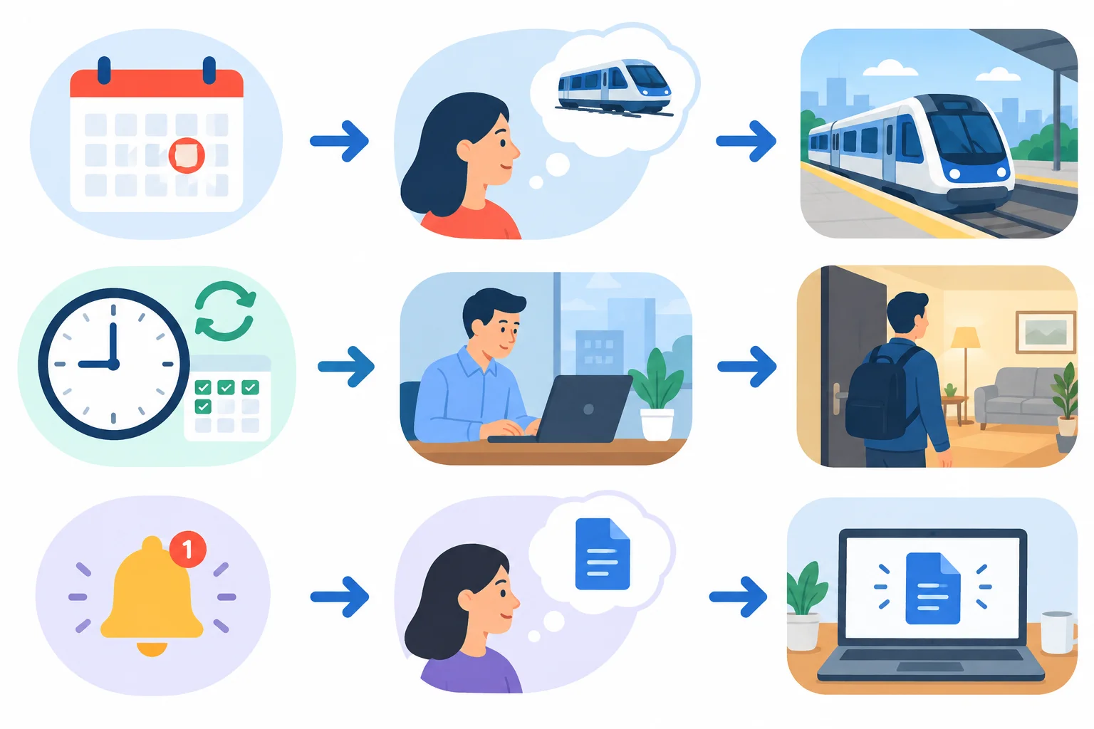 Diagrama com uma programação, uma rotina e uma atualização recente levando a resultados esperados.