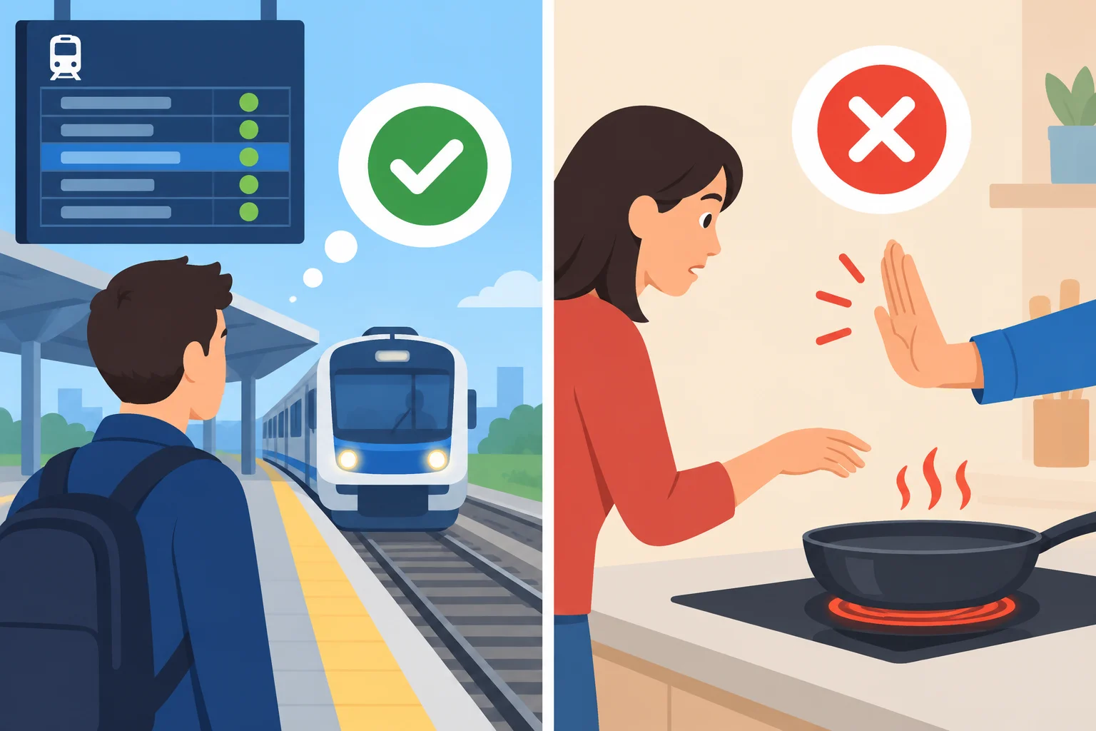 Comparação visual: um horário de trem apoia uma expectativa; um aviso diante de uma panela quente apoia um conselho.
