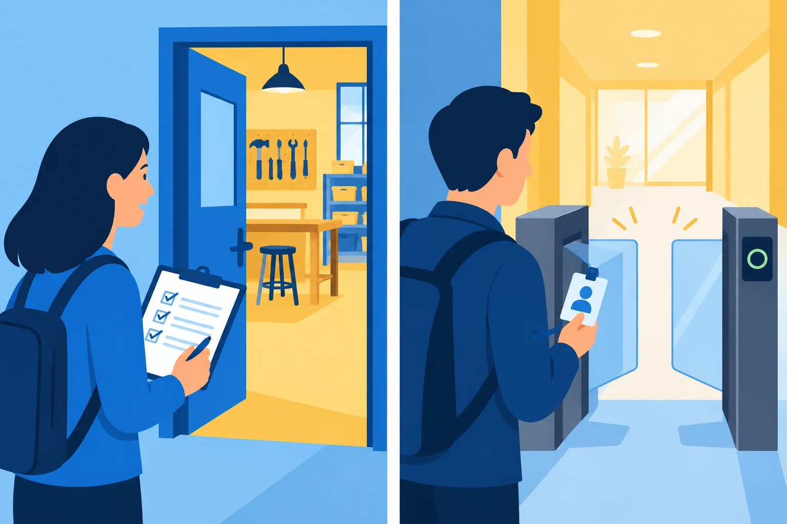 Comparação visual entre uma pessoa que consegue participar de uma oficina após concluir um cadastro e outra que recebe acesso após mostrar um documento.