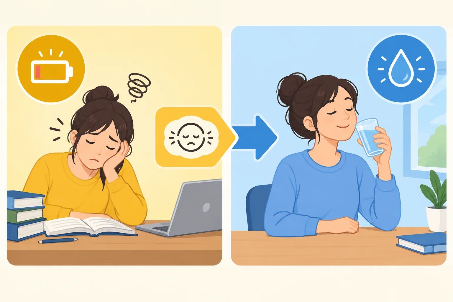 Diagrama com uma pessoa cansada estudando à esquerda e a mesma pessoa fazendo uma pausa à direita, ligadas por uma seta que representa a condição.