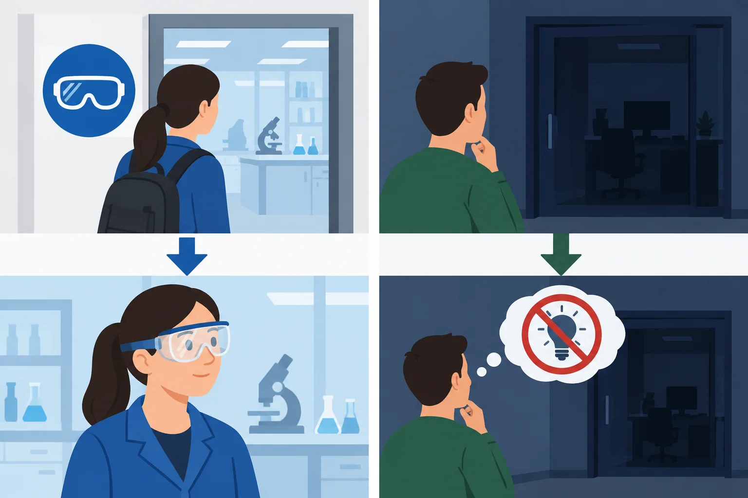 Comparação visual entre uma regra de segurança ao entrar em um laboratório e uma conclusão feita ao observar um escritório escuro.