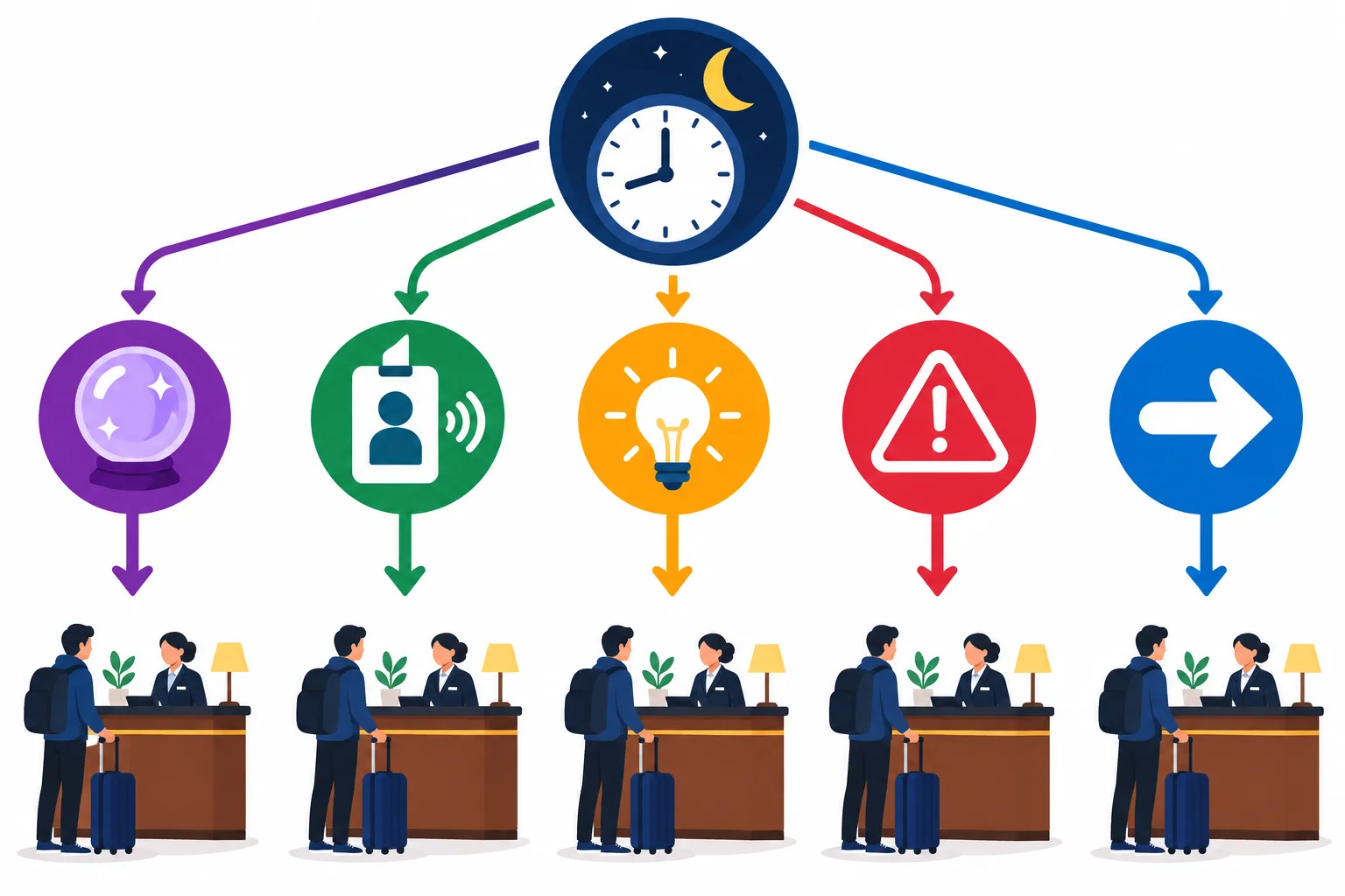 Diagrama com uma pessoa chegando à recepção à noite e cinco caminhos visuais para a mesma ação de fazer check-in, diferenciados por ícones de previsão, permissão, conselho, exigência e instrução.