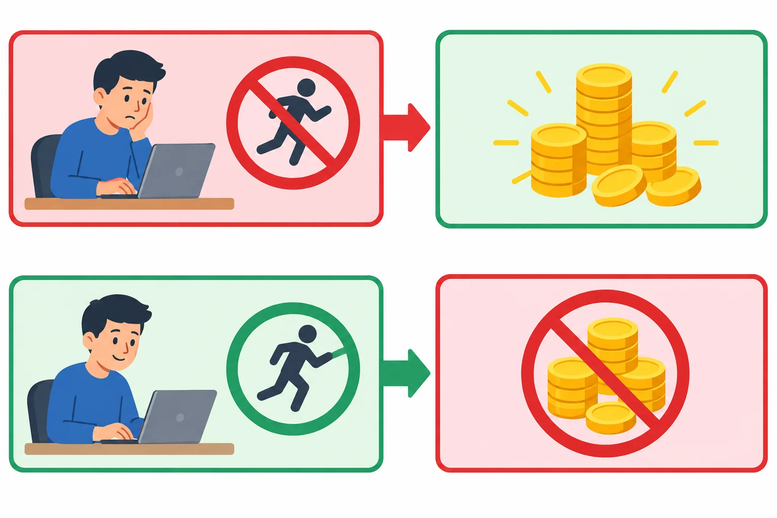 Diagrama em duas linhas: na primeira, a negação está no bloco da condição; na segunda, está no bloco da consequência.