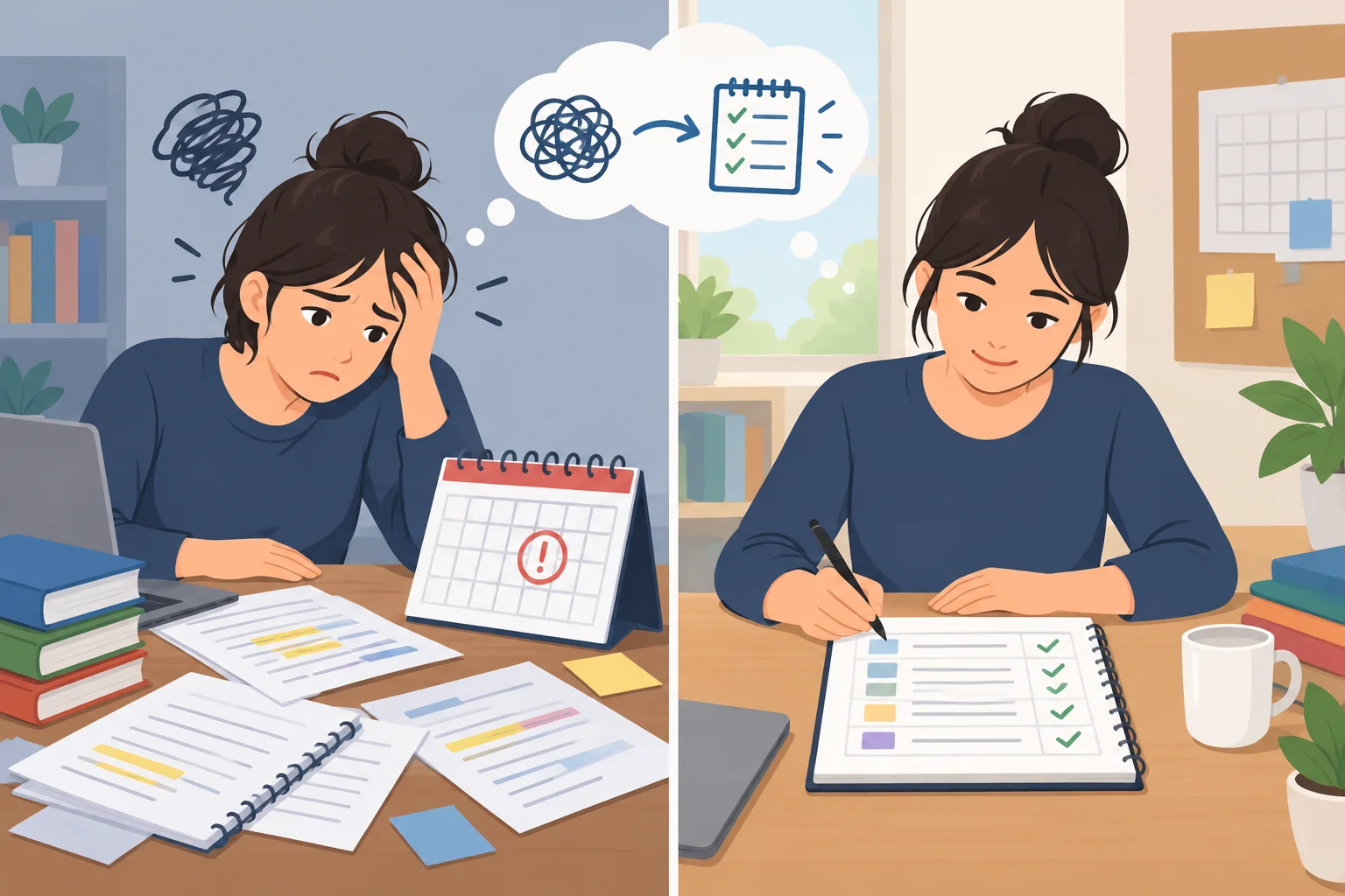Comparação entre uma estudante preocupada com uma prova e a mesma estudante organizando um plano de estudos como sugestão hipotética.