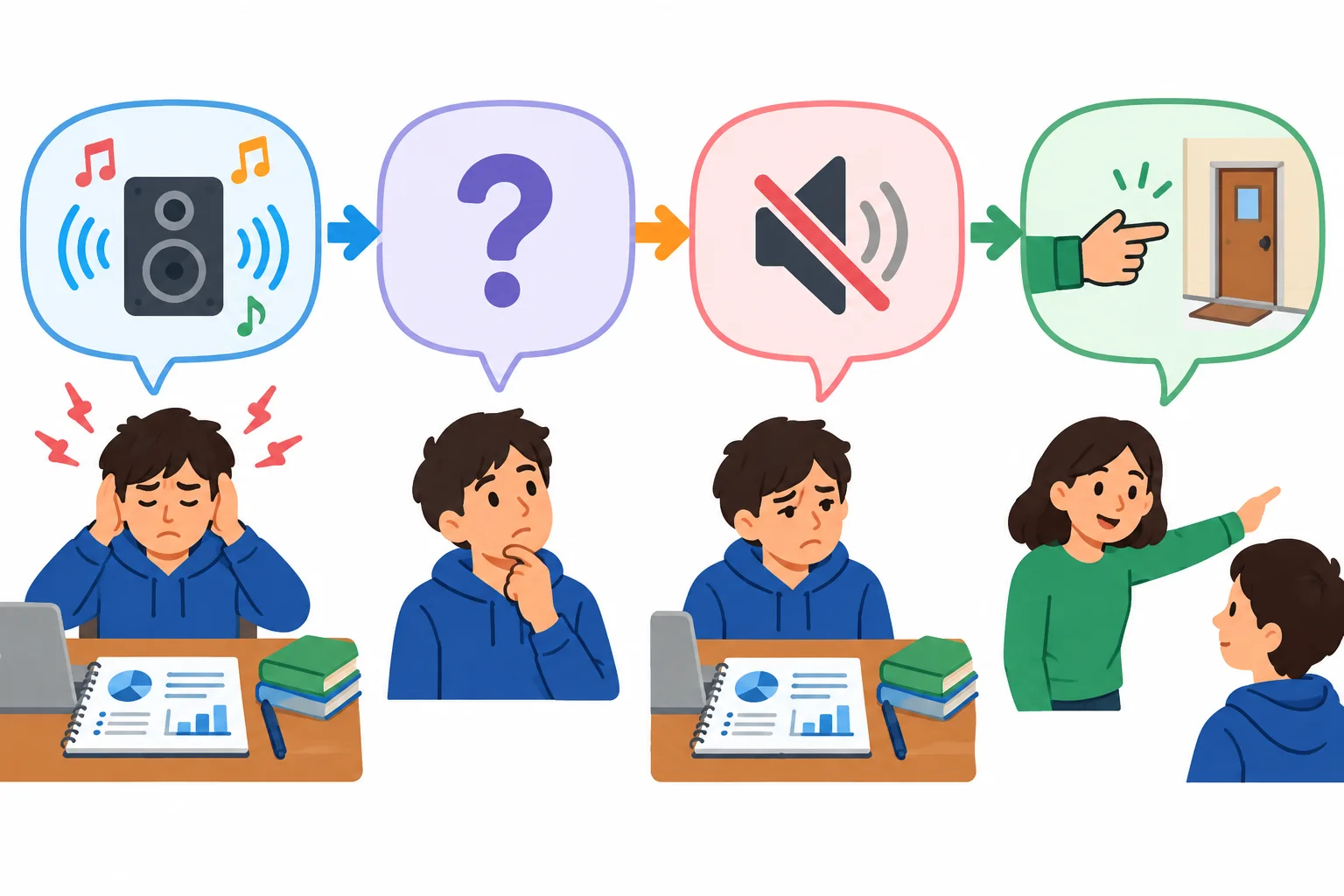 Diagrama com ícones de música alta, estudo, pergunta, consequência negativa e sugestão conectados em uma conversa.