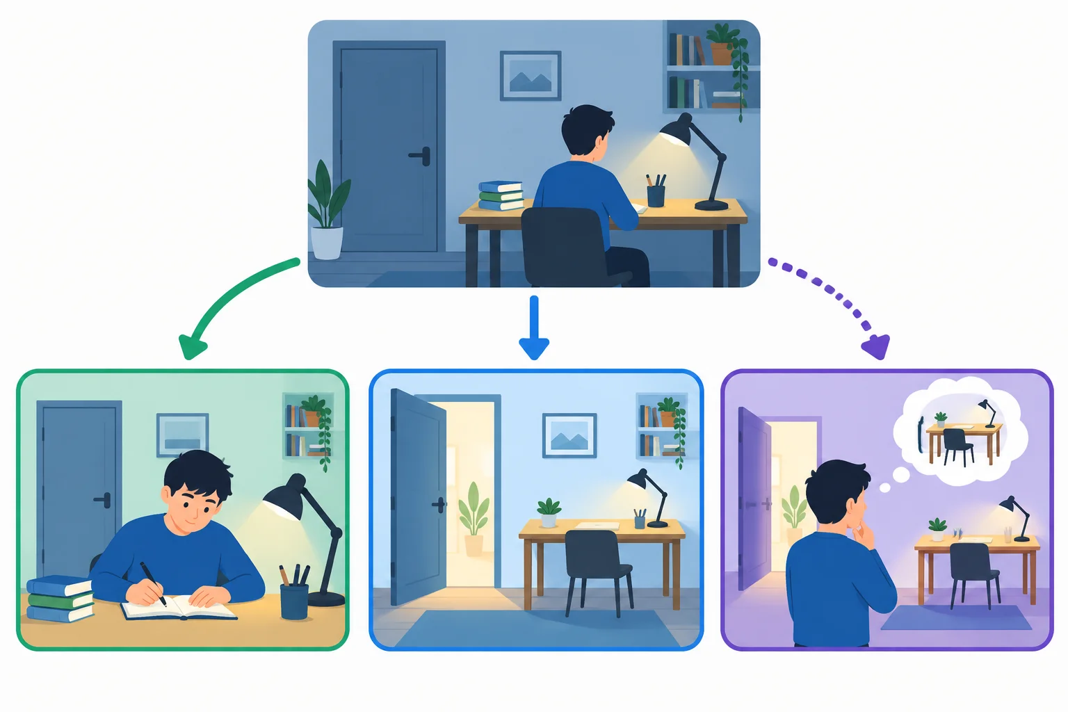 Diagrama com a mesma condição hipotética levando a três consequências com focos diferentes: resultado assumido, oportunidade e possibilidade.