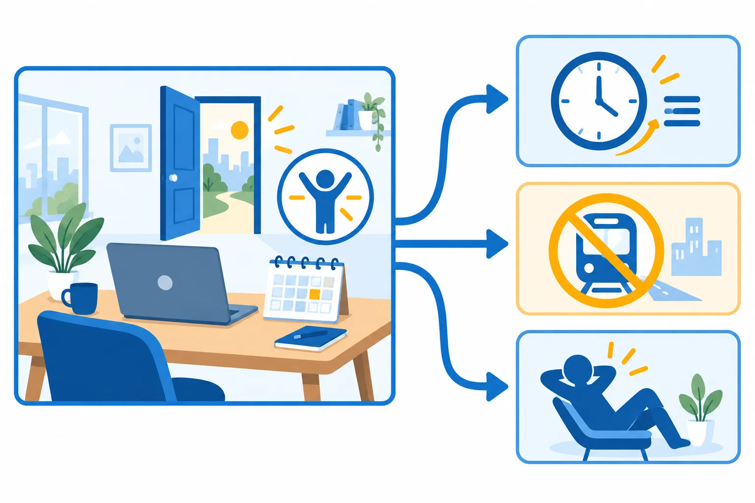 Diagrama em que uma oportunidade imaginada de trabalhar de casa leva a três consequências: economizar tempo, evitar deslocamento ou talvez sentir menos estresse.