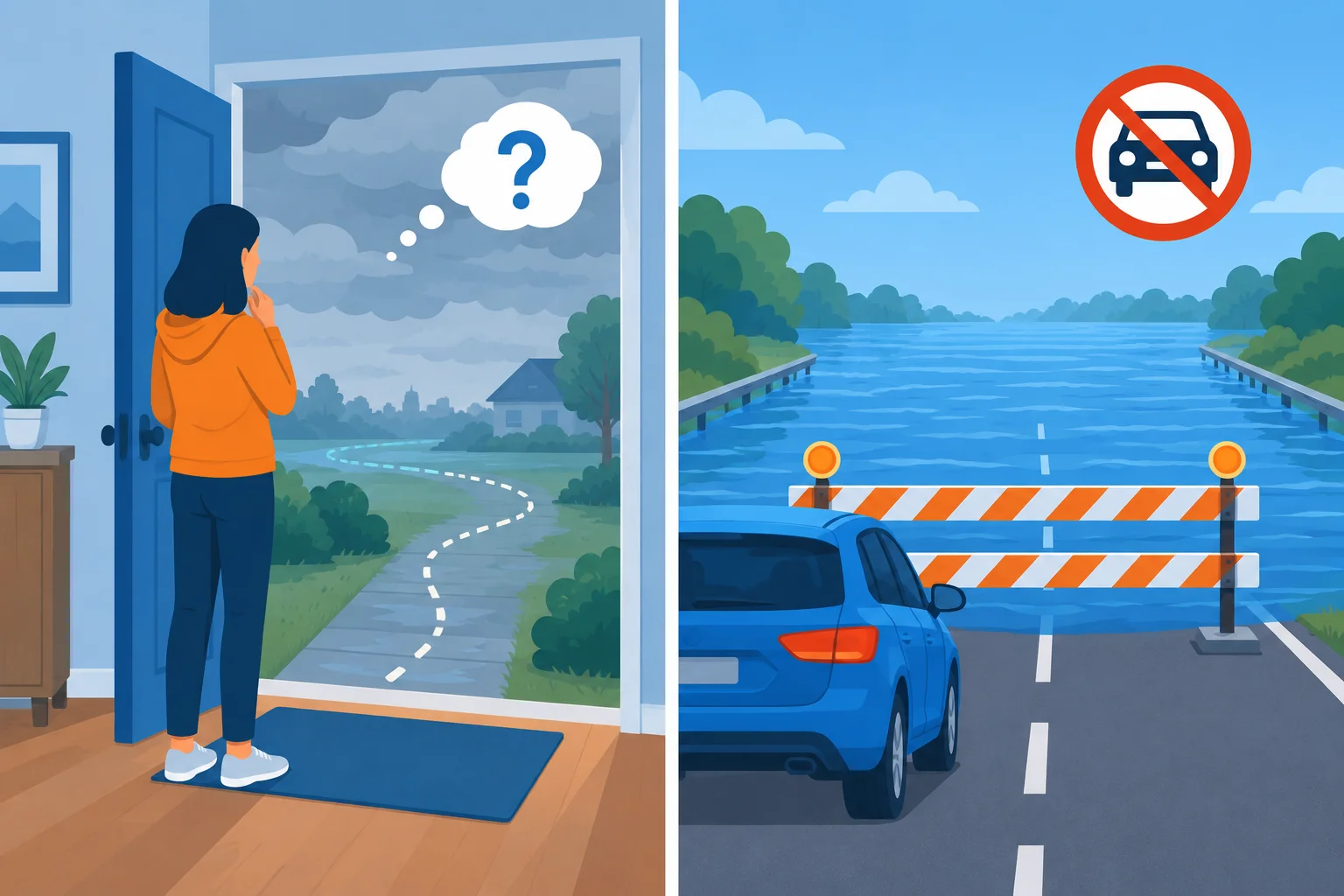 Comparação visual: à esquerda, uma saída ainda possível, mas incerta; à direita, uma estrada bloqueada que torna a viagem impossível.