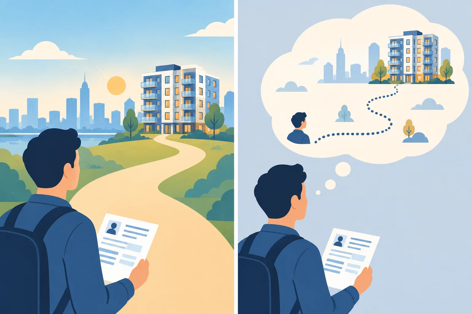 Comparação visual entre um caminho futuro aberto e o mesmo caminho apresentado como cenário imaginado.