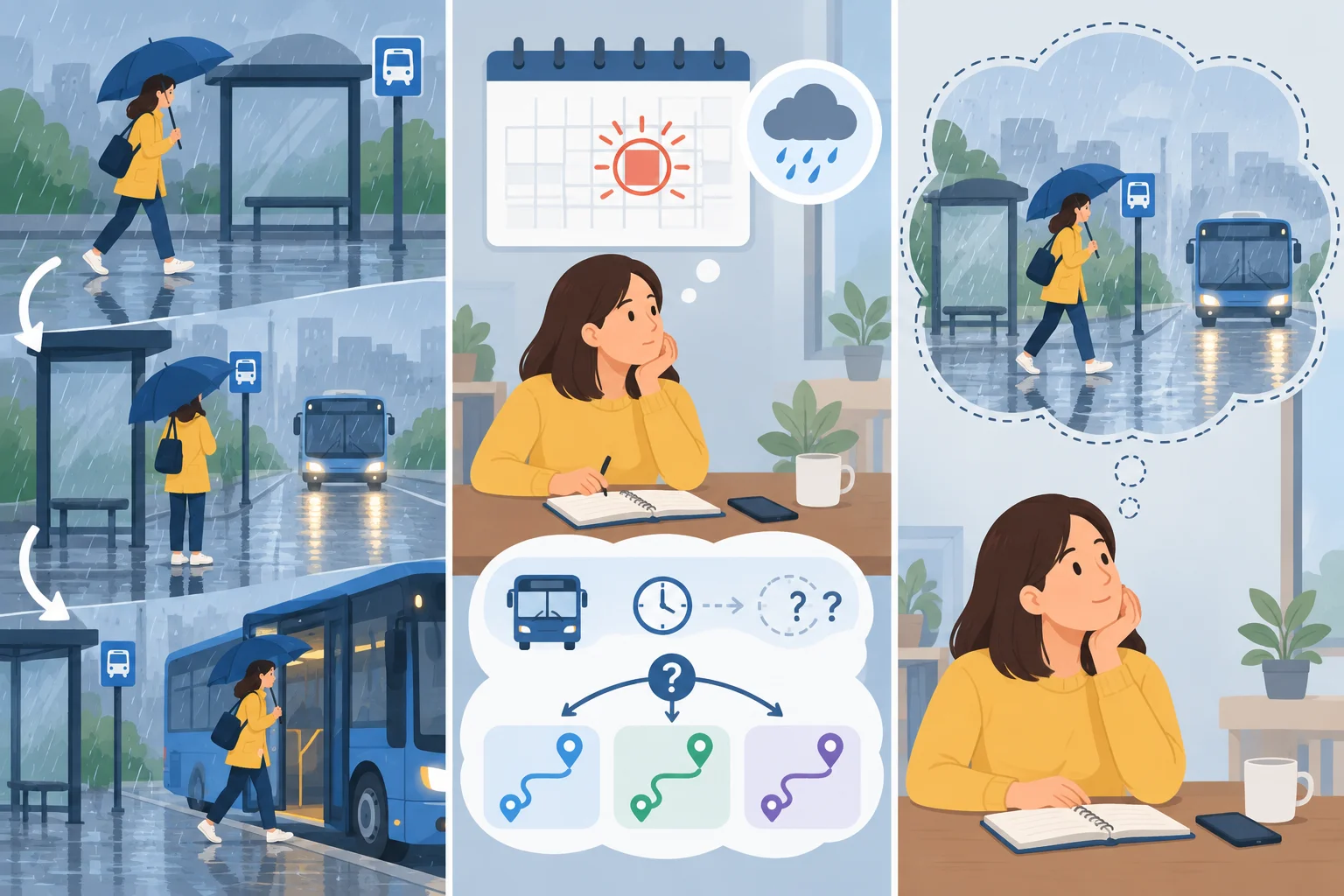 Três painéis mostram uma rotina, uma decisão para amanhã e um cenário imaginado sobre o mesmo ônibus atrasado.