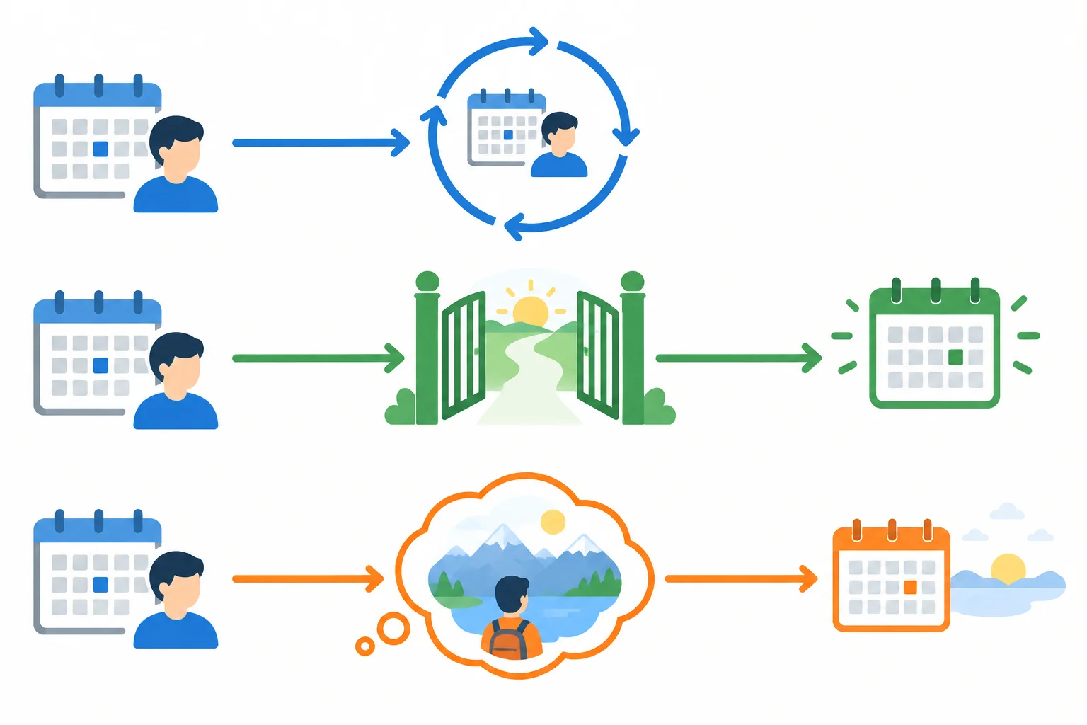 Diagrama com três caminhos: regularidade, futuro em aberto e cenário imaginado.