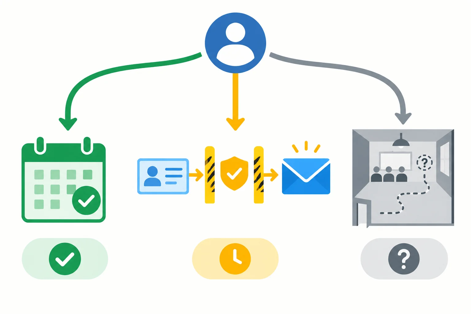 Diagrama com um calendário marcado, uma verificação de identidade levando a um e-mail e uma atividade mostrada por caminho pontilhado.