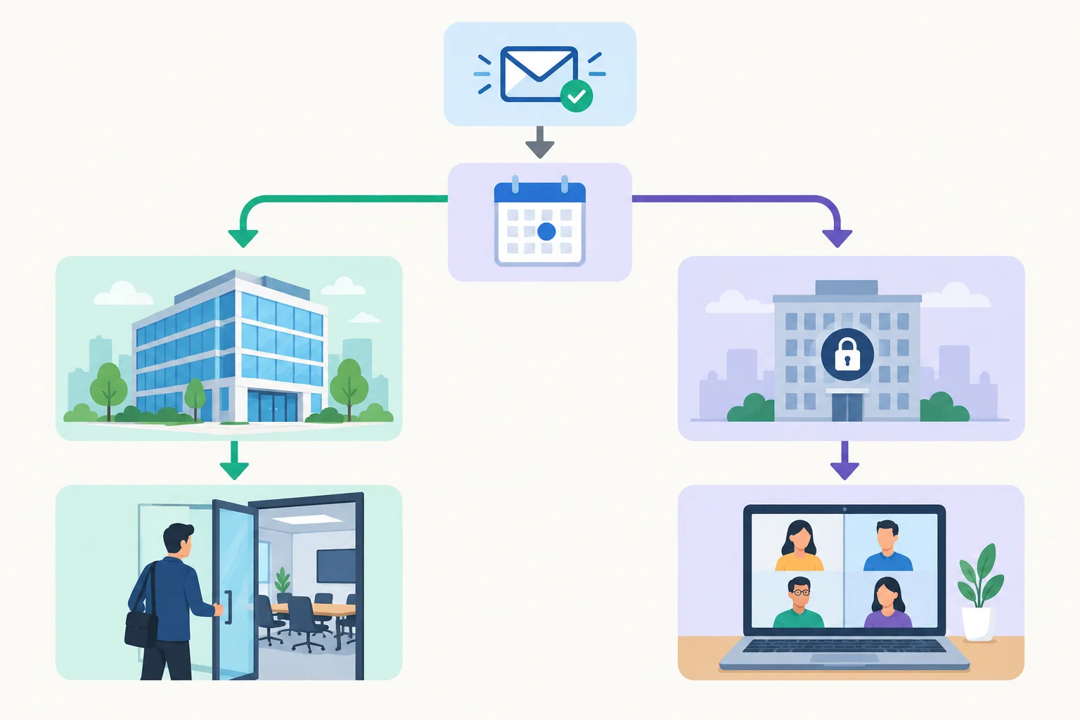 Diagrama com uma ação comum antes de uma bifurcação: um caminho leva a uma sala presencial e outro a uma reunião on-line.