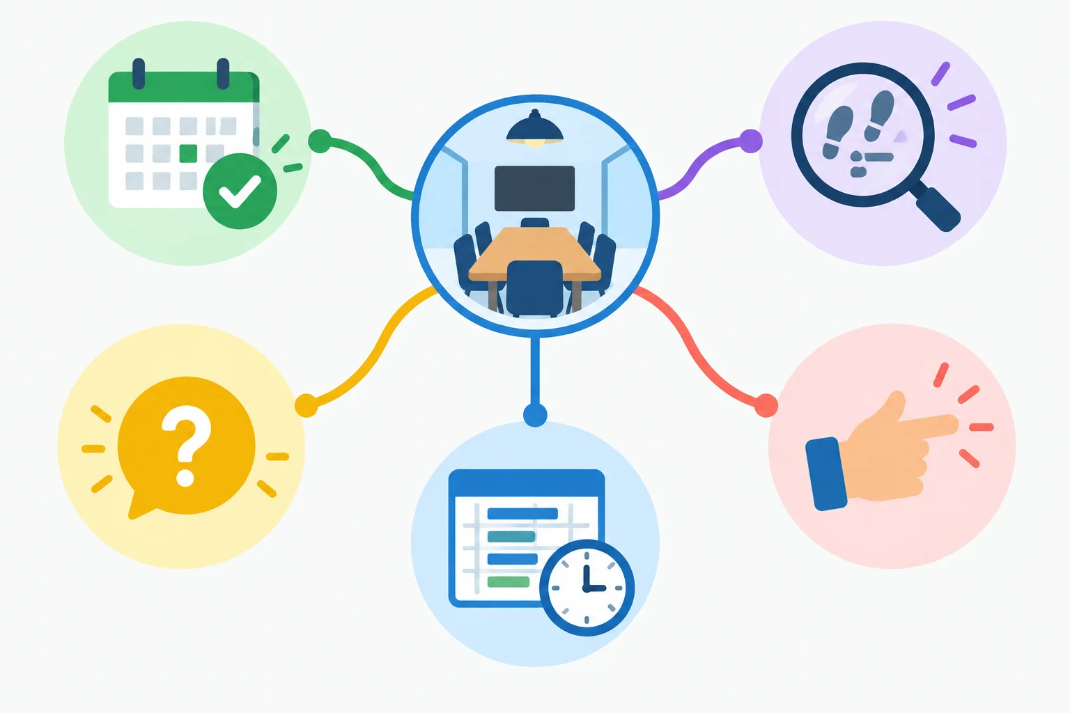 Diagrama com uma reserva de sala no centro e cinco caminhos visuais para confirmação, dedução, possibilidade, expectativa e recomendação.