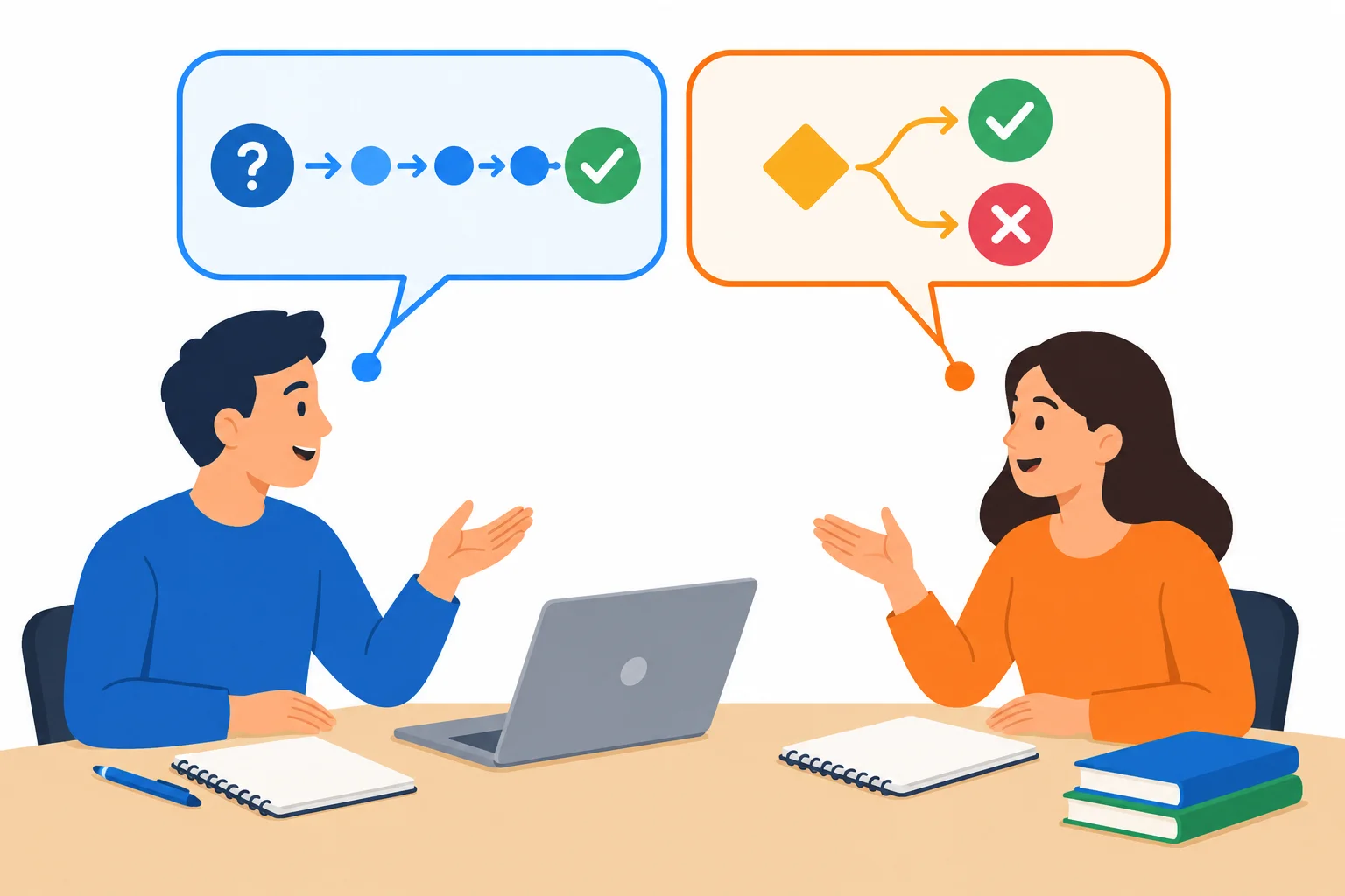 Diagrama com duas pessoas, duas opções e caminhos visuais mostrando uma opção escolhida e outra descartada após uma condição.