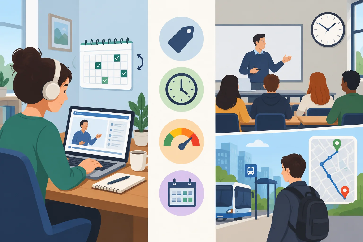 Comparação visual entre um curso on-line e um curso presencial, com símbolos de custo, tempo, esforço e flexibilidade.