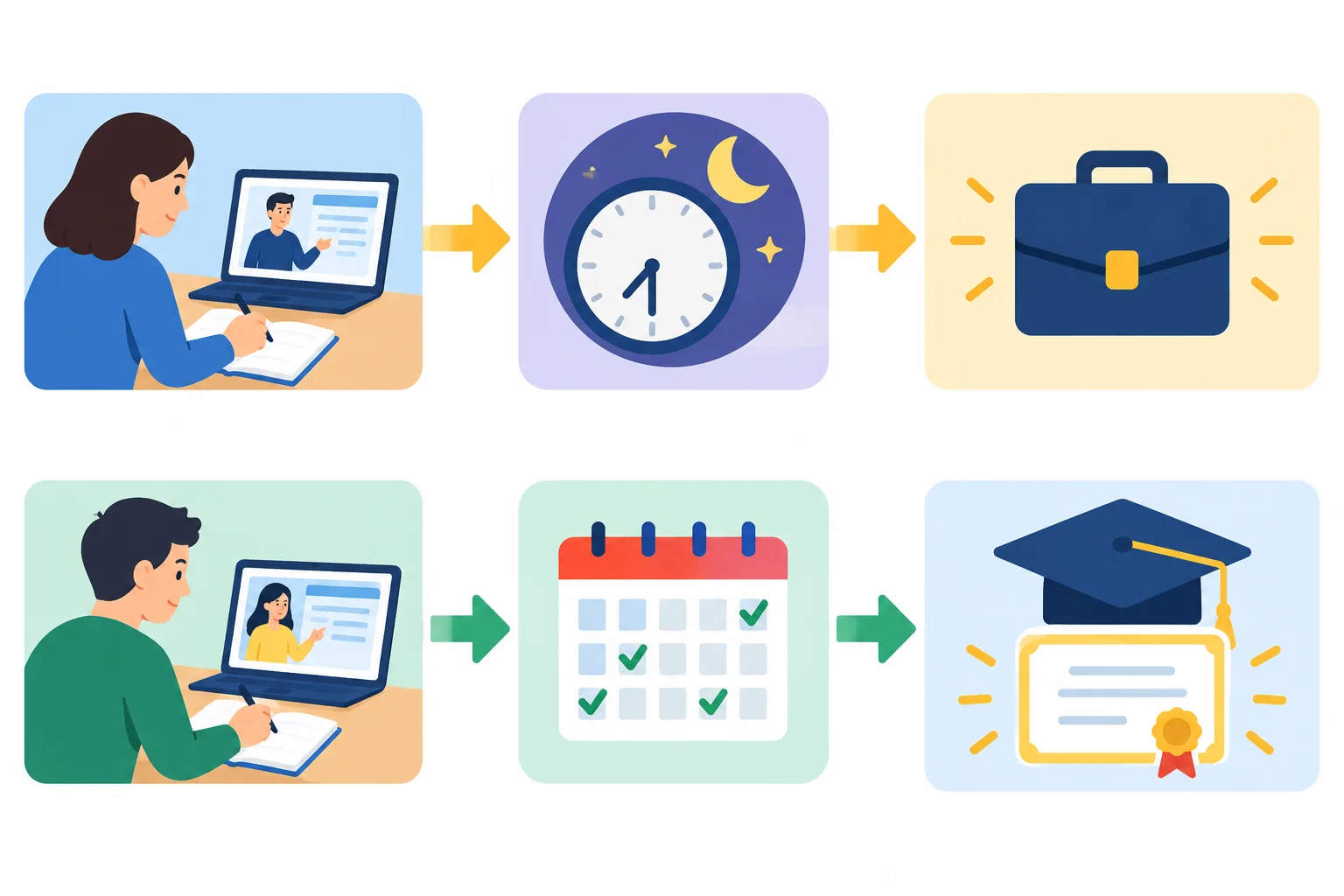 Diagrama com dois caminhos separados: cada curso se liga à sua própria condição e ao seu próprio resultado possível.