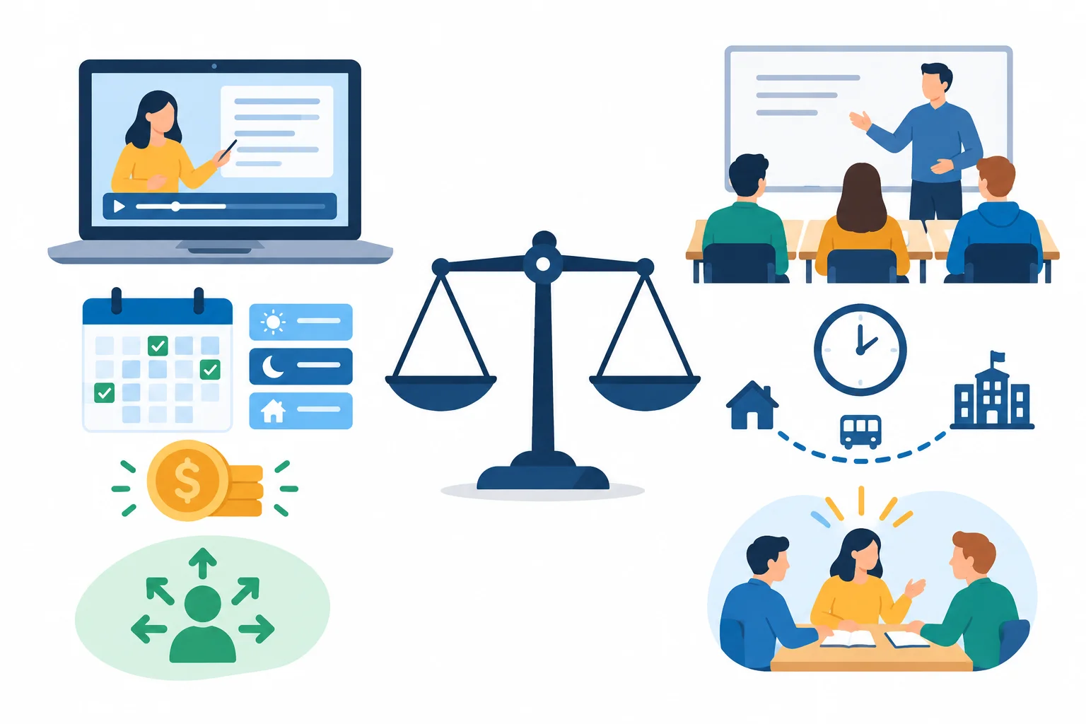Diagrama compara curso on-line, com laptop e agenda flexível, e curso presencial, com sala de aula e deslocamento, em uma balança de escolhas.