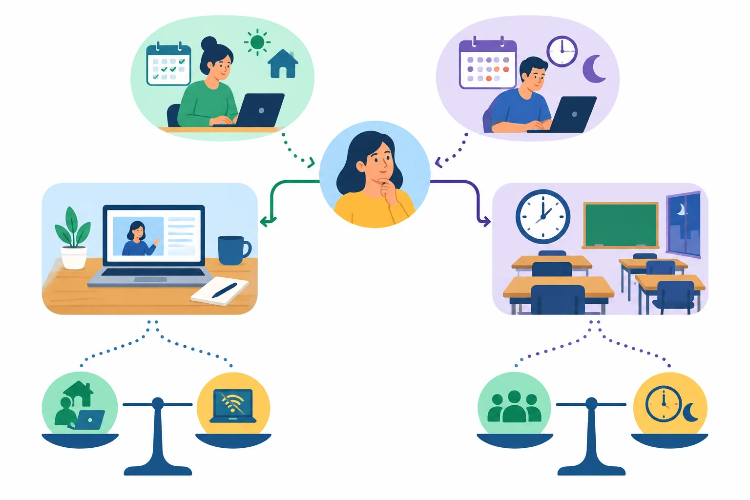Diagrama com duas modalidades de curso ligadas a cenários diferentes, benefícios possíveis e limitações.