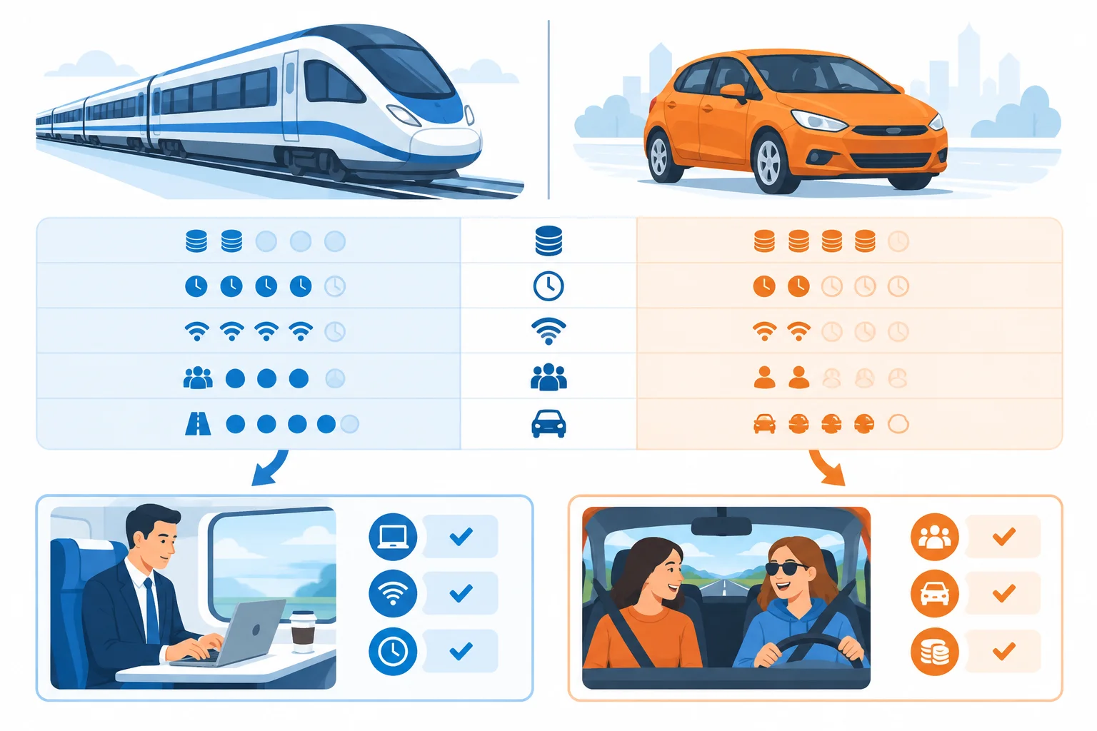 Diagrama comparando trem e carro por custo, tempo, Wi-Fi, divisão de combustível e trânsito, ligado a dois cenários de viagem.
