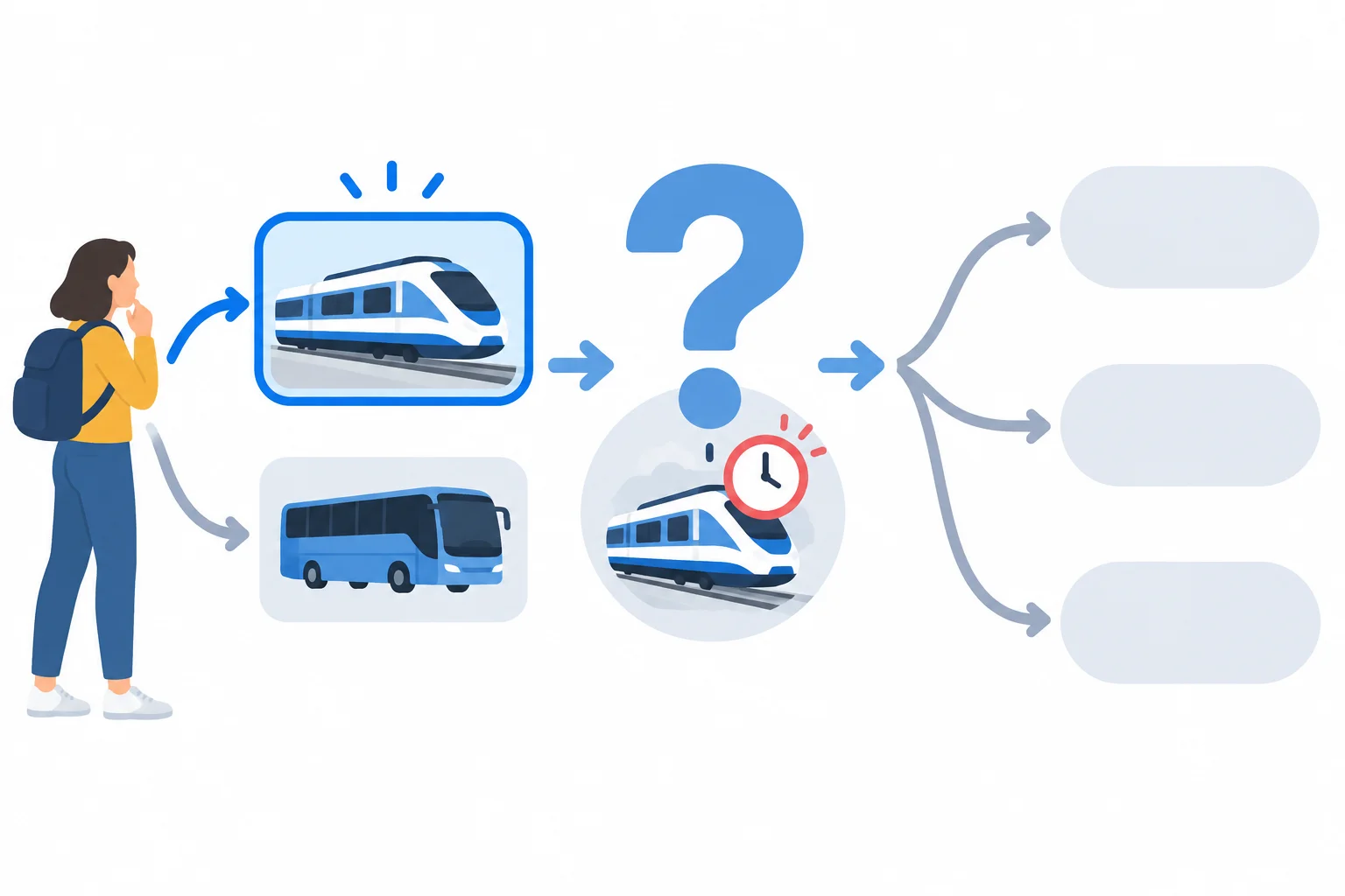 Diagrama mostrando uma escolha inicial de transporte, uma condição hipotética de atraso do trem e caminhos de decisão ainda abertos.