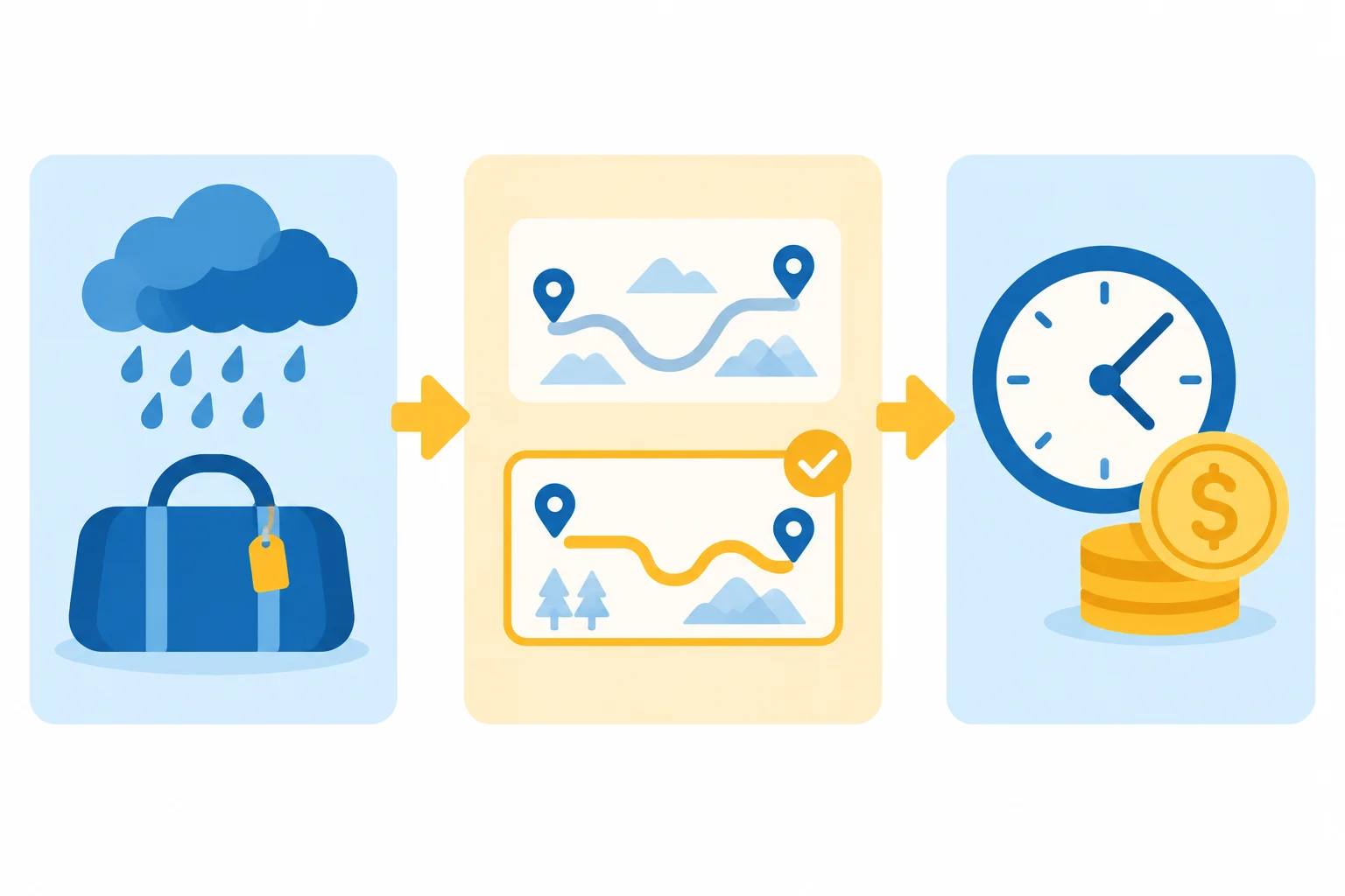 Diagrama visual com uma condição alterada, uma escolha entre duas rotas e critérios de tempo e custo.