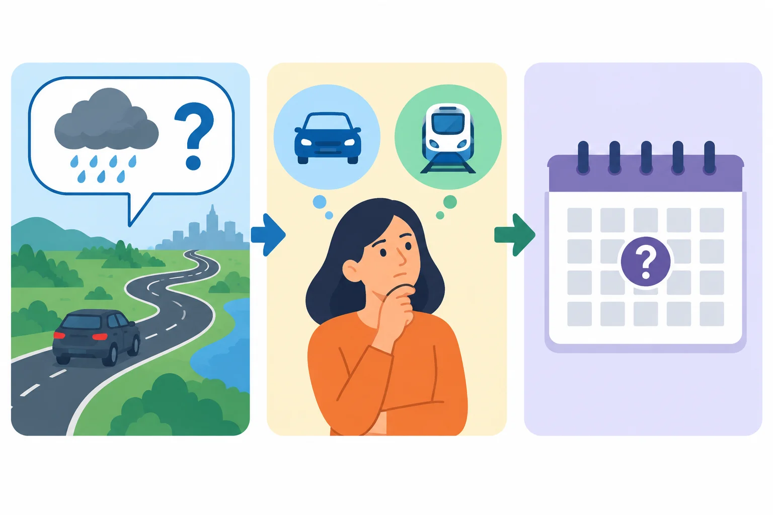 Diagrama com uma condição de chuva, a avaliação entre carro e trem e uma decisão final ainda em aberto.