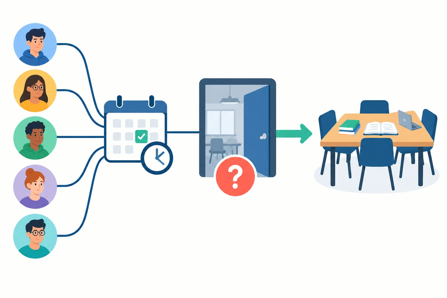 Diagrama de um encontro de estudos: participantes e horário definidos, mas a disponibilidade da sala ainda aparece como uma barreira com ponto de interrogação.