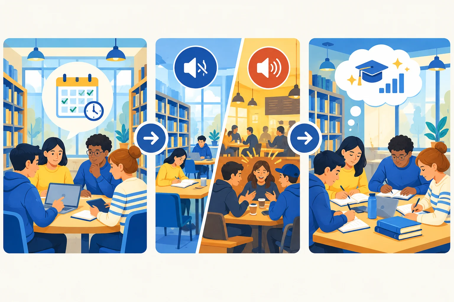 Esquema visual: disponibilidade da biblioteca leva ao critério de ambiente silencioso e ao benefício esperado de mais foco no estudo.