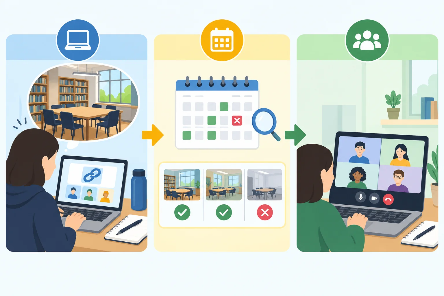 Linha do tempo mostrando a preparação de uma sala virtual, a verificação da sala da biblioteca e o possível uso da sala virtual.