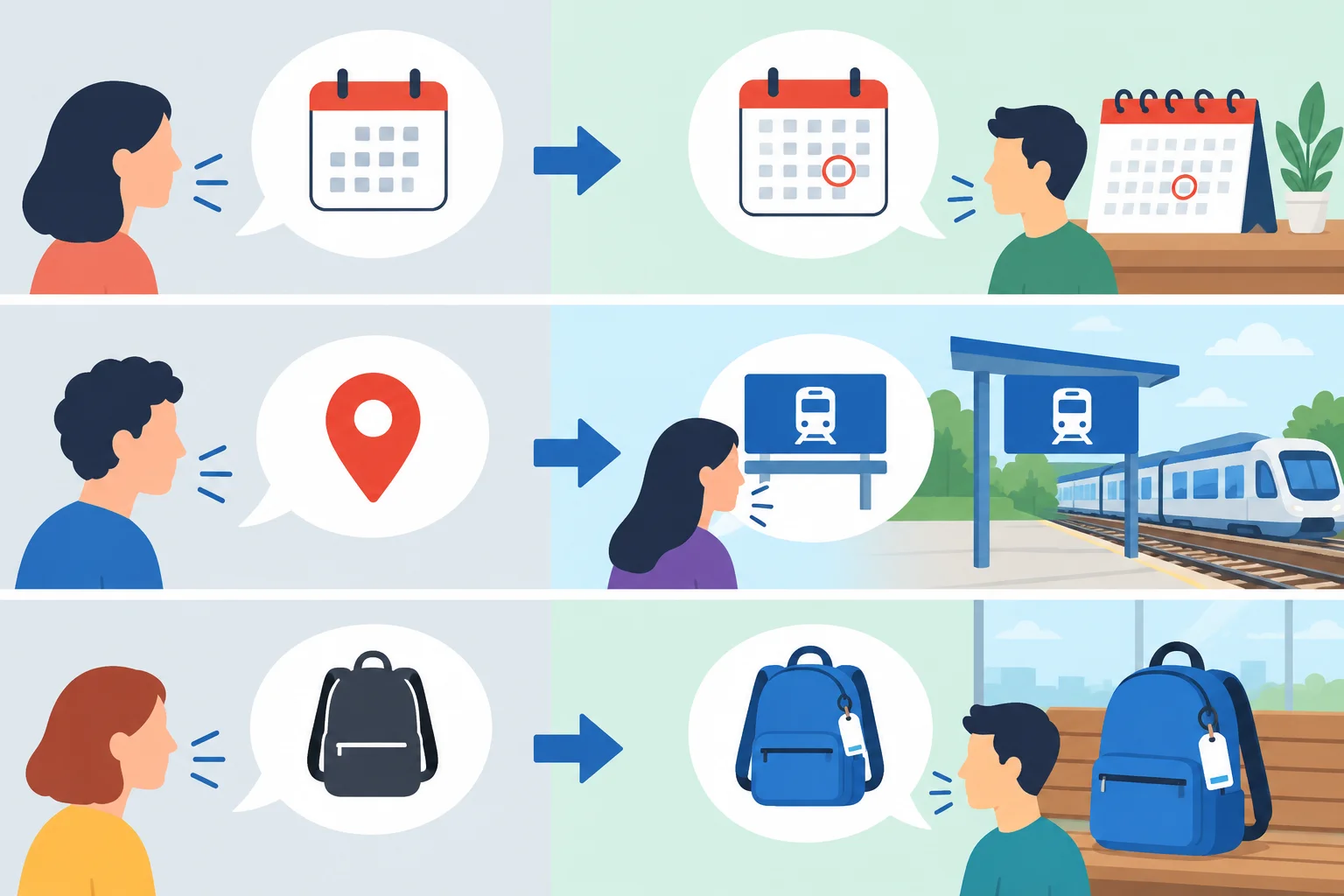 Comparação visual entre referências vagas e referências explícitas: um dia no calendário, um local e um objeto passam a ter detalhes identificáveis.