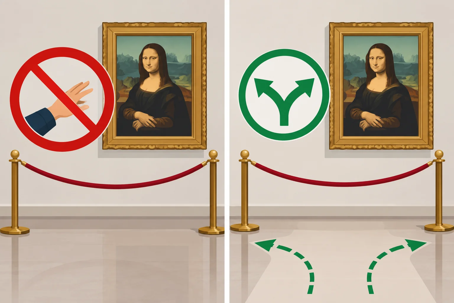 Comparação visual entre uma ação proibida diante de uma obra e uma ação apenas opcional.