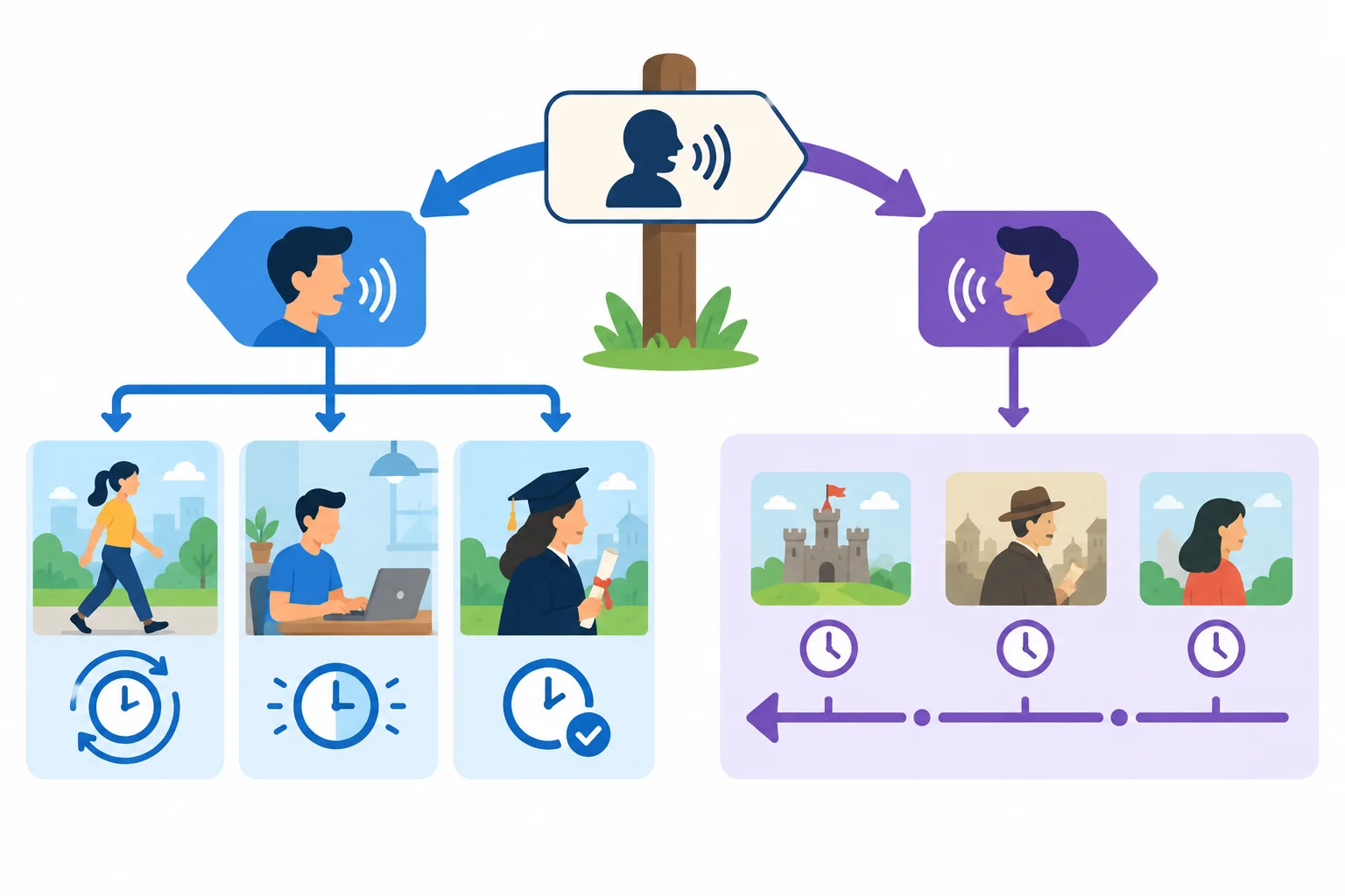 Diagrama mostrando que o verbo de relato no presente permite escolher o tempo do conteúdo conforme a referência temporal.