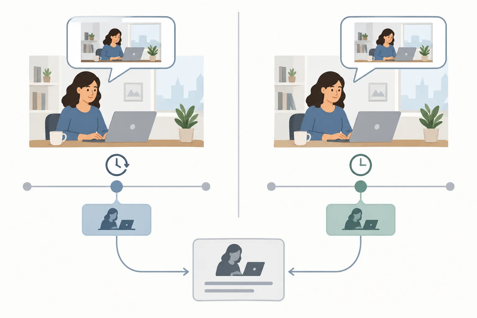 Diagrama comparando a perspectiva da fala passada com a apresentação de uma informação como atual.