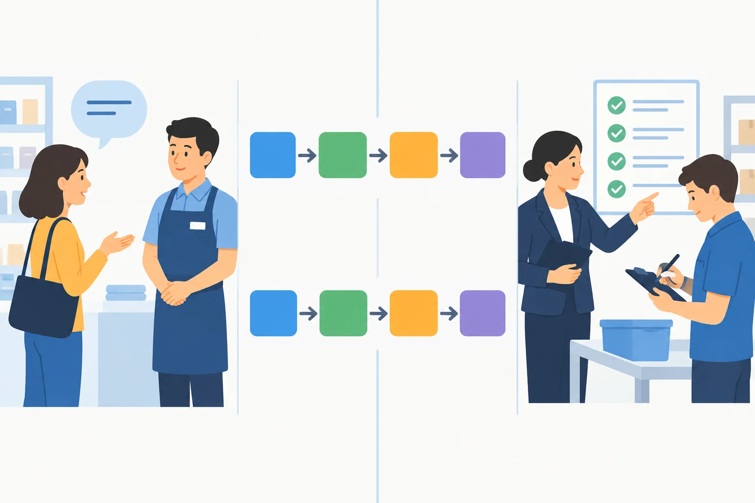 Diagrama em dois lados: uma pessoa faz um pedido e outra dá uma instrução; ambos seguem blocos paralelos de sujeito, verbo de relato, destinatário e ação.
