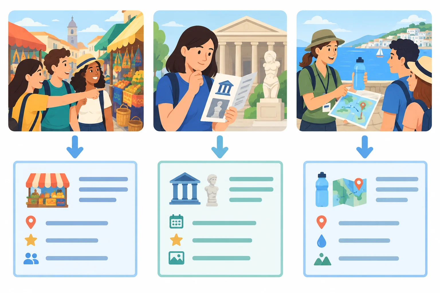 Diagrama com três sugestões em uma conversa de viagem sendo transformadas em relatos com atividade ou opção proposta.