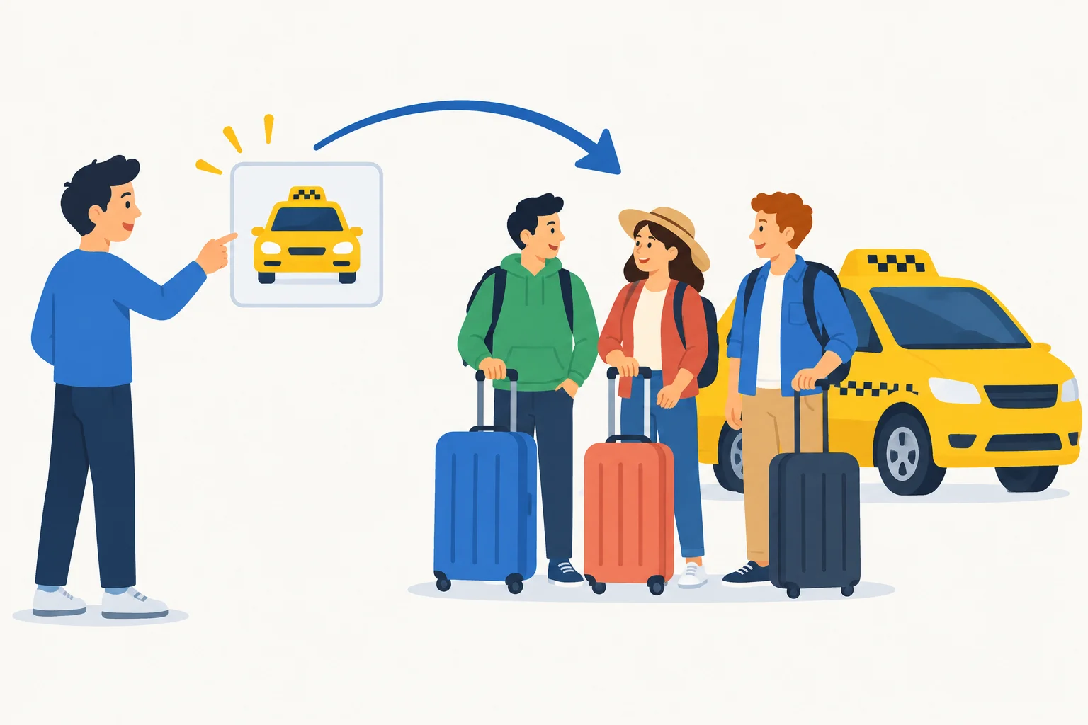 Diagrama com uma pessoa propondo um táxi para um grupo de viajantes.