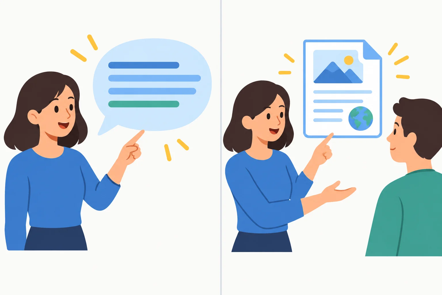 Diagrama com dois caminhos: uma explicação apresentada como uma fala completa e um assunto explicado para outra pessoa.