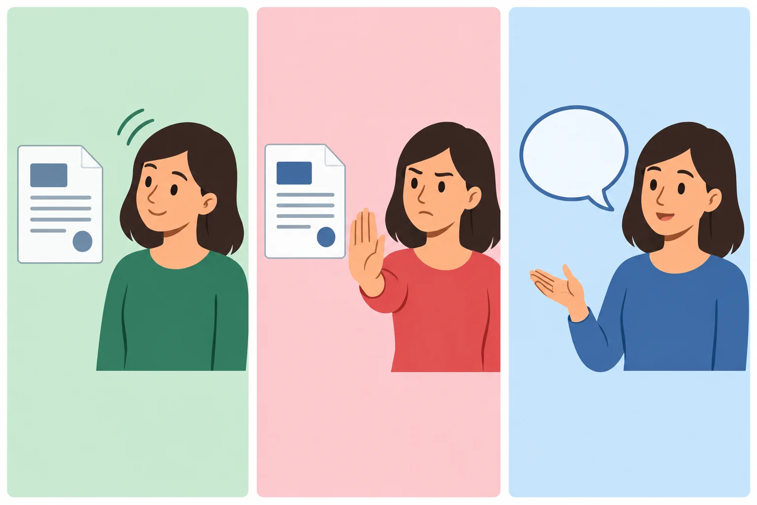 Comparação visual entre reconhecer uma informação, rejeitar uma atribuição e apenas comunicar algo.