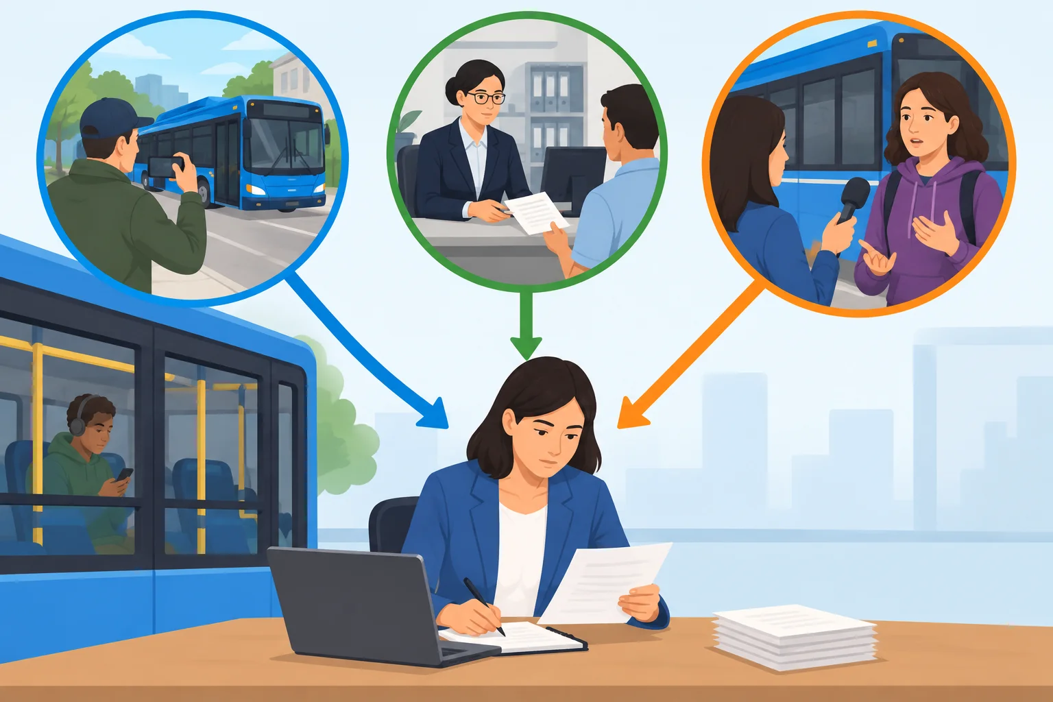 Diagrama mostrando uma repórter recebendo informações de uma testemunha, de uma organização e de uma passageira, enquanto outra pessoa aparece apenas como parte do acontecimento.