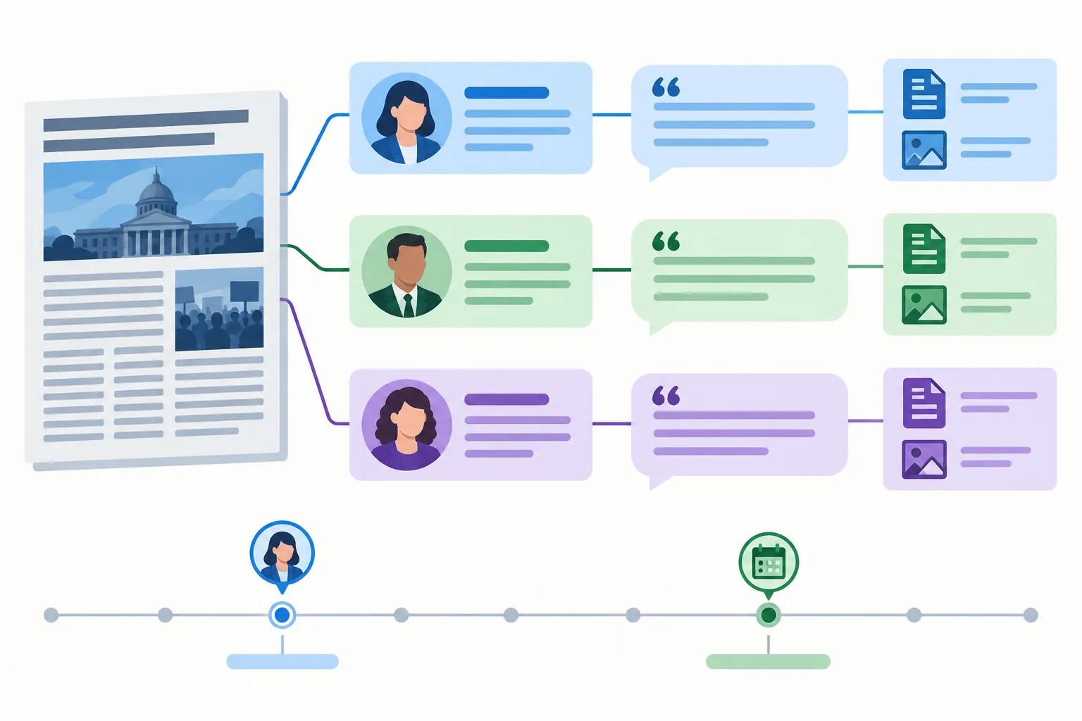 Diagrama de um texto com três fontes ligadas a informações separadas, evidências e uma linha do tempo.