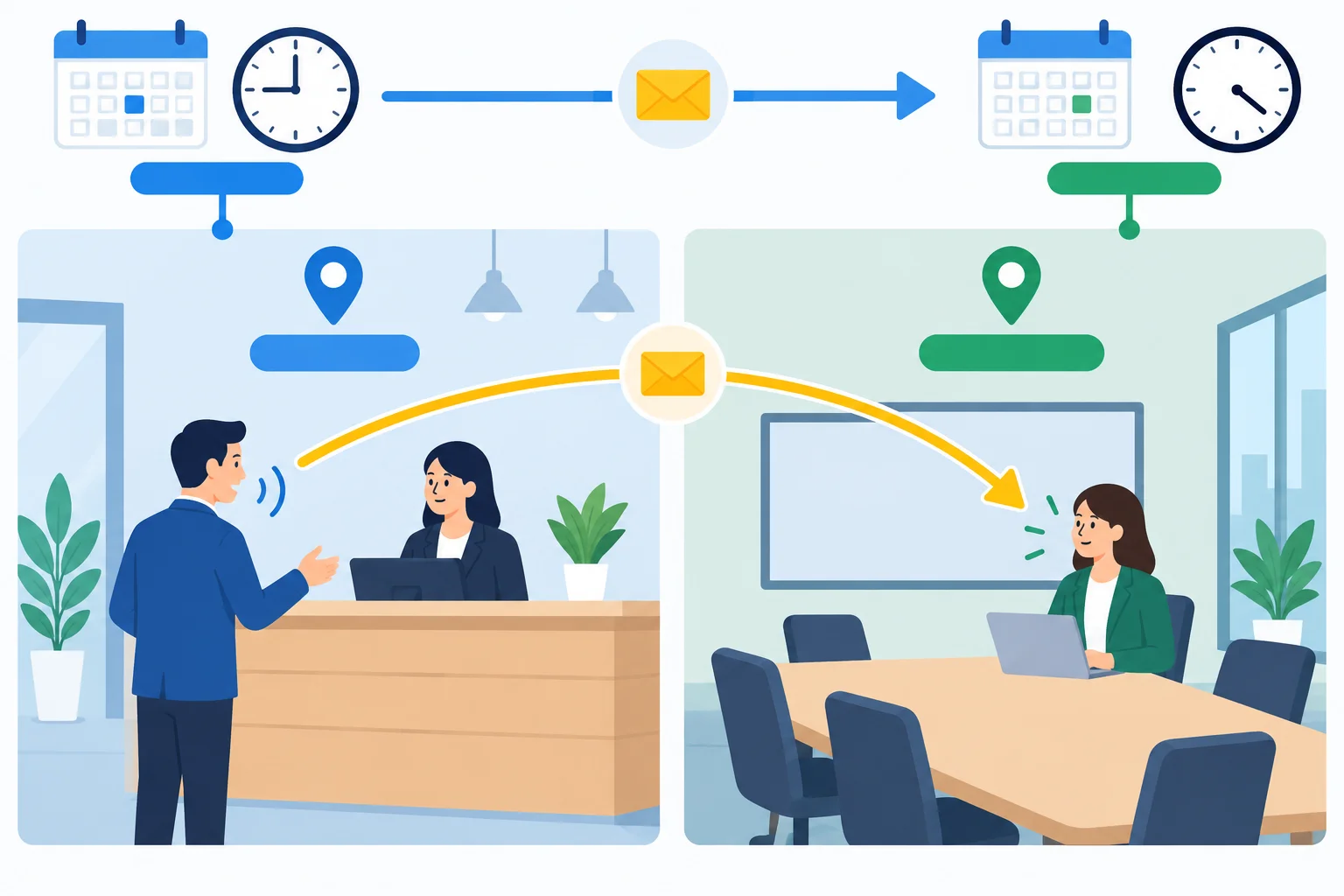 Diagrama com uma linha do tempo de segunda para terça-feira e um recado passando da recepção para uma sala de reunião.